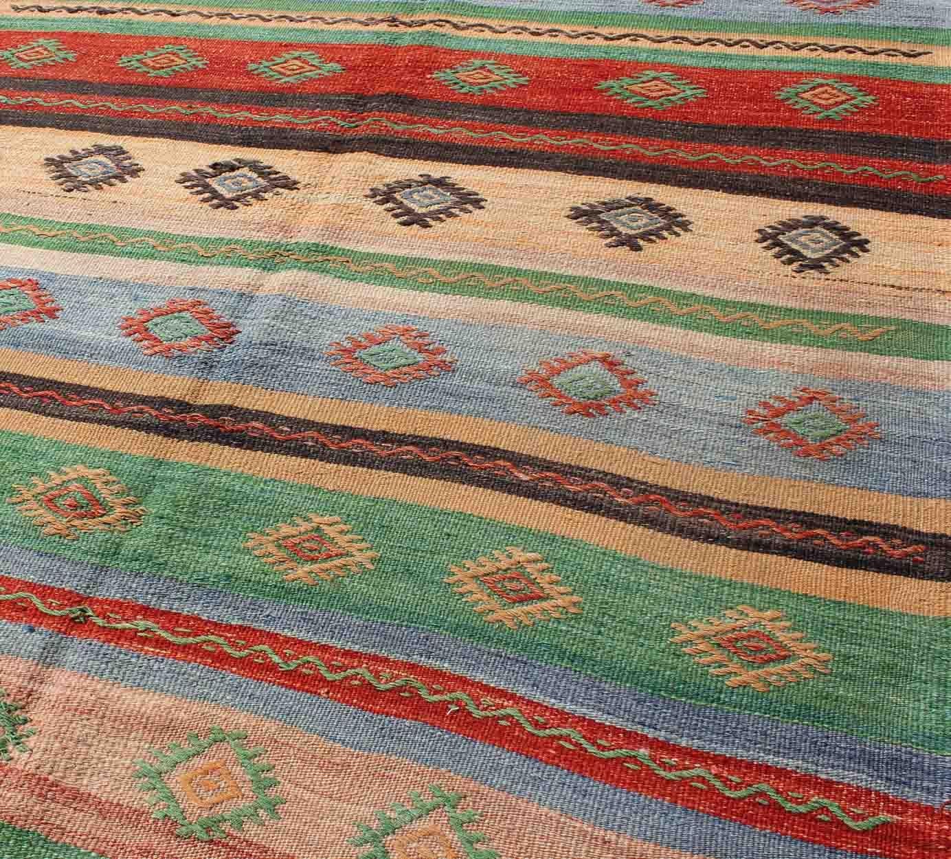 Vintage Turkish Kilim Carpet with Colorful Geometric Stripe Design For Sale 2