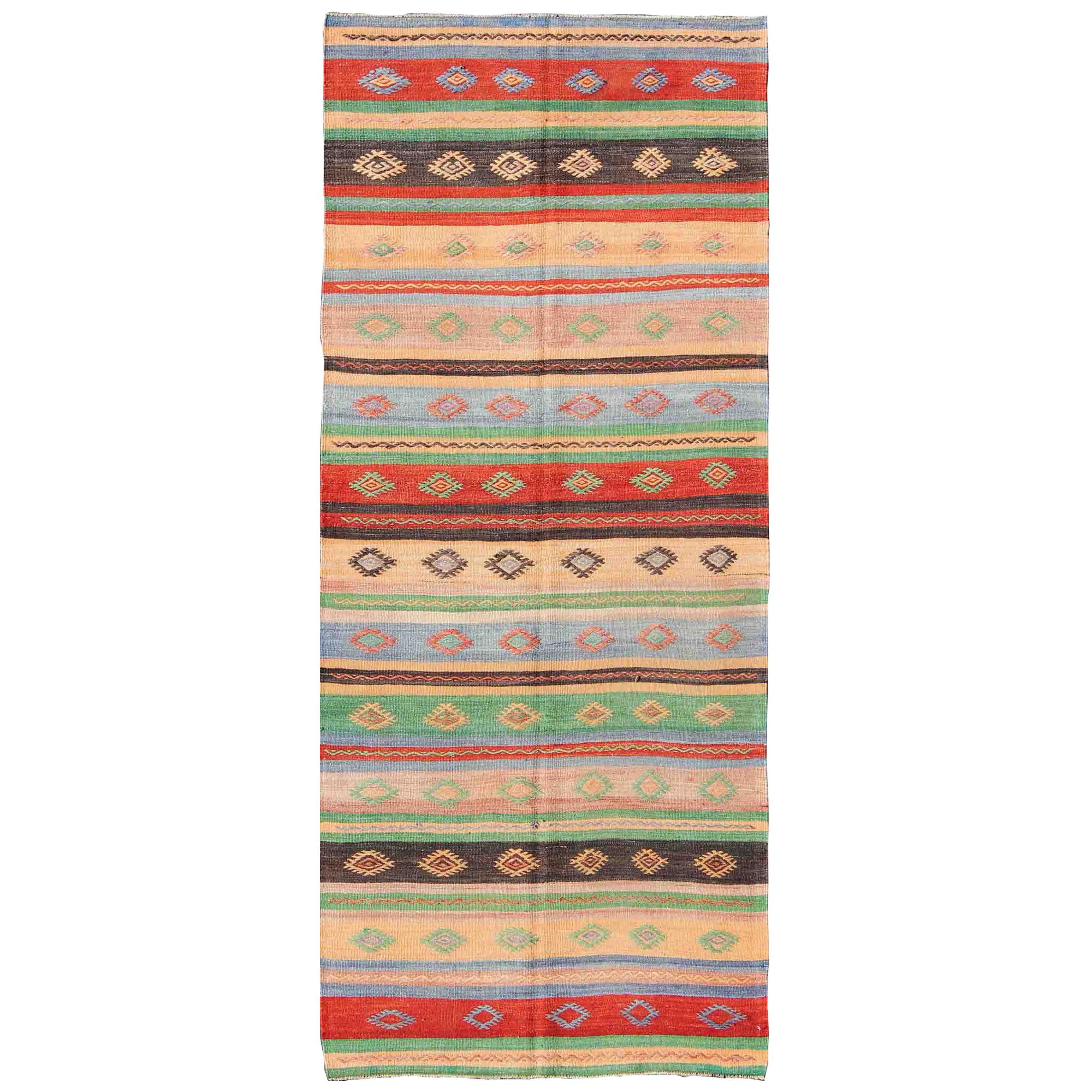 Vintage Turkish Kilim Carpet with Colorful Geometric Stripe Design For Sale