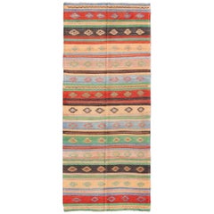 Retro Turkish Kilim Carpet with Colorful Geometric Stripe Design
