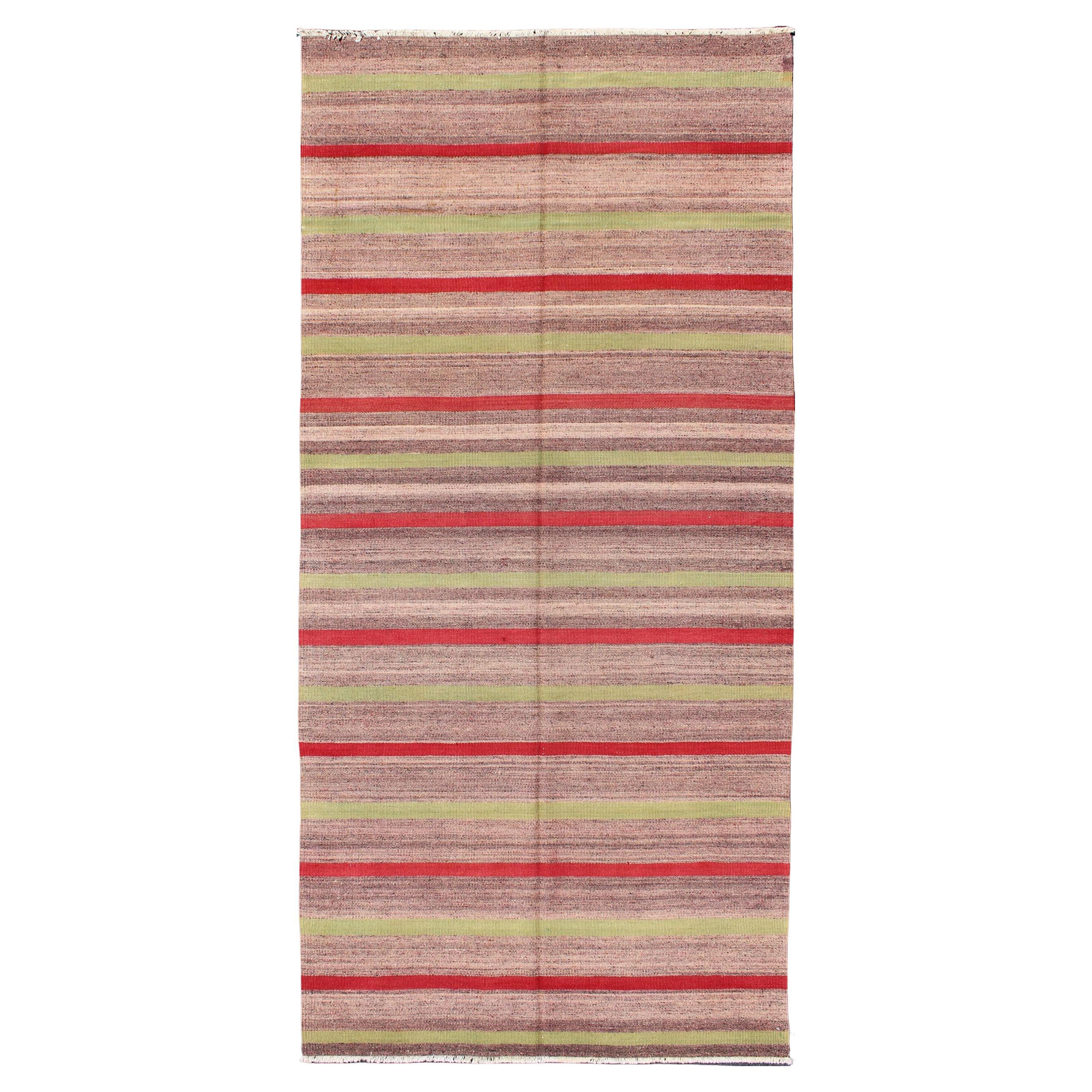 Vintage Turkish Kilim Carpet with Light Green and Red Stripes For Sale