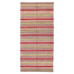 Vintage Turkish Kilim Carpet with Light Green and Red Stripes