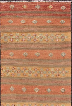 Vintage Turkish Kilim Colorful Stripe Runner with Tribal Motifs