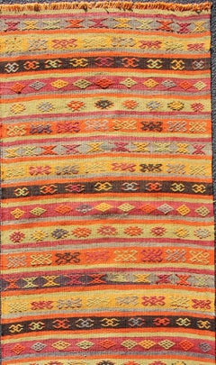 Vintage Turkish Kilim Colorful Stripe Runner with Tribal Motifs