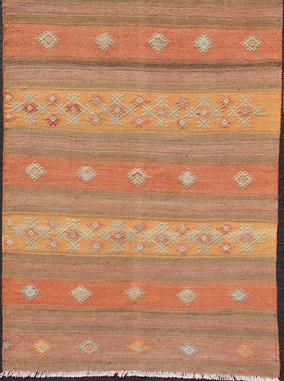 Hand-Knotted Vintage Turkish Kilim Colorful Stripe Runner with Tribal Motifs  For Sale