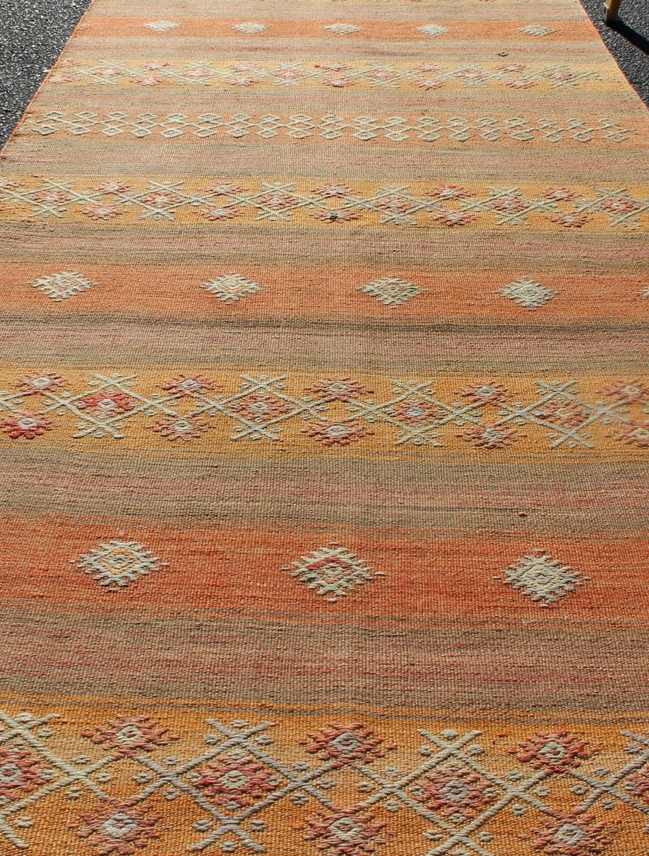 Vintage Turkish Kilim Colorful Stripe Runner with Tribal Motifs  In Good Condition For Sale In Atlanta, GA