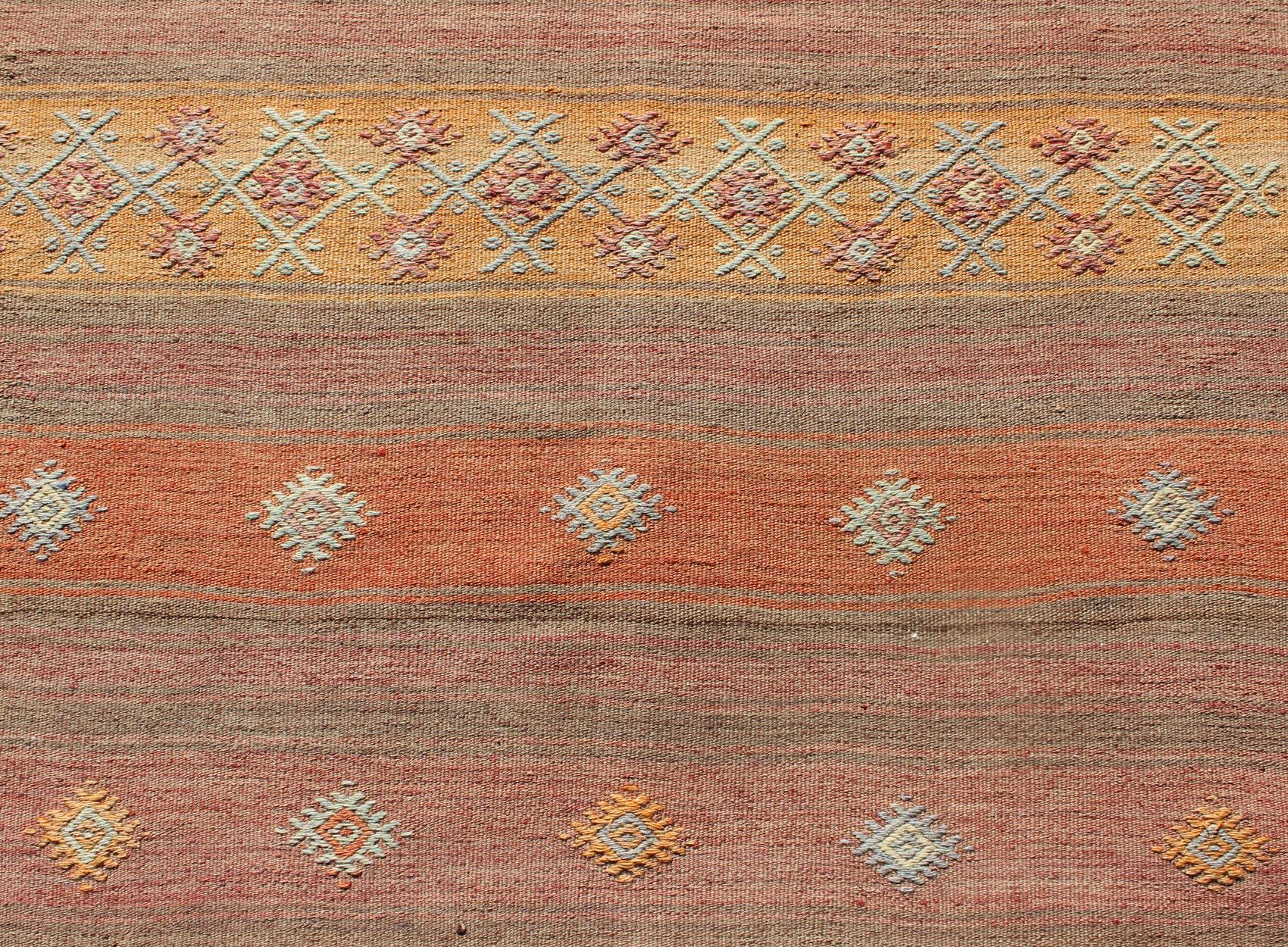Vintage Turkish Kilim Colorful Stripe Runner with Tribal Motifs  For Sale 1