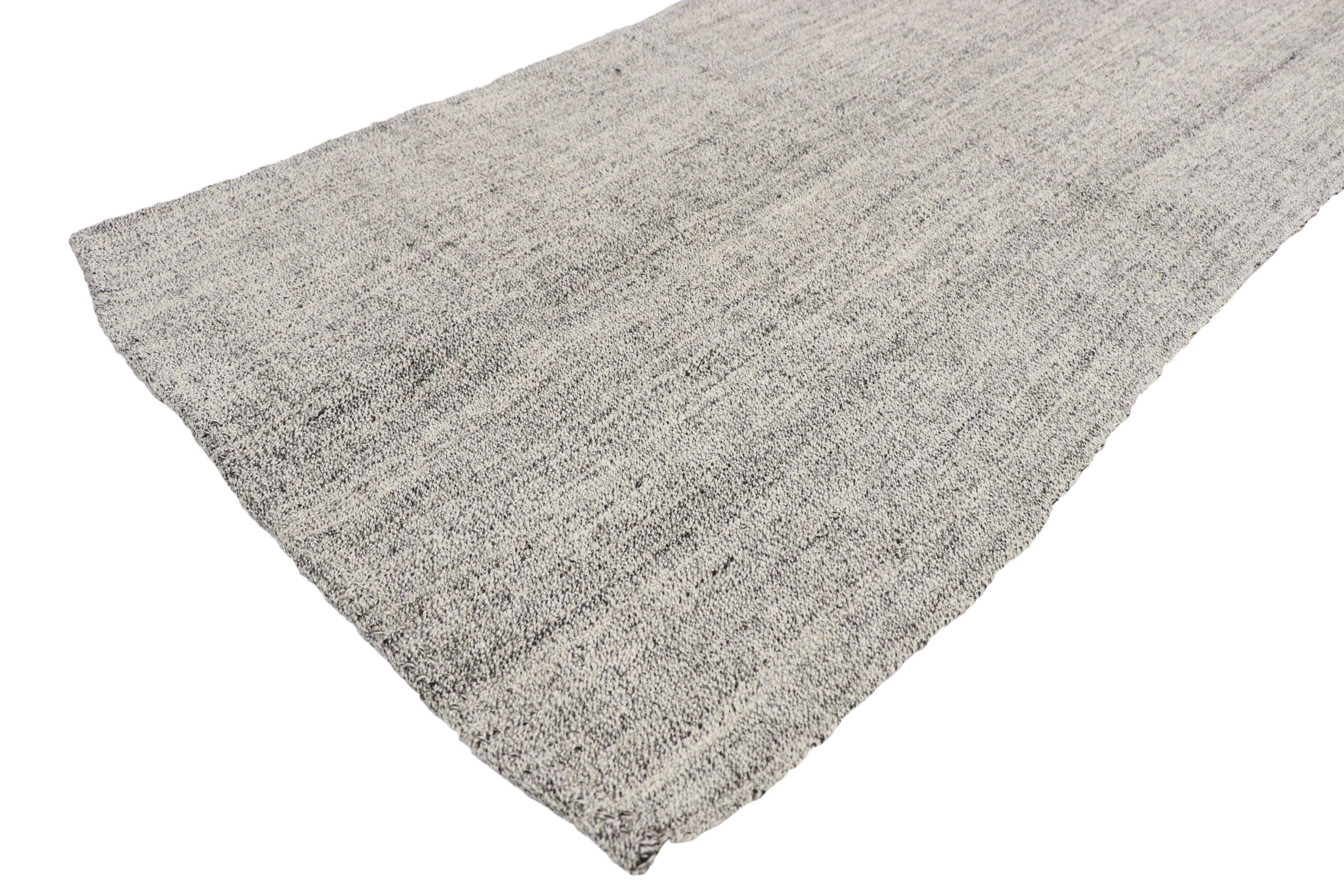 50893 vintage Turkish Kilim extra-long hallway runner with Modern Industrial style. This vintage Turkish Kilim runner is a beautiful marriage of modern Industrial and fresh, contemporary form. Natural wool with goat hair and hemp striations shapes