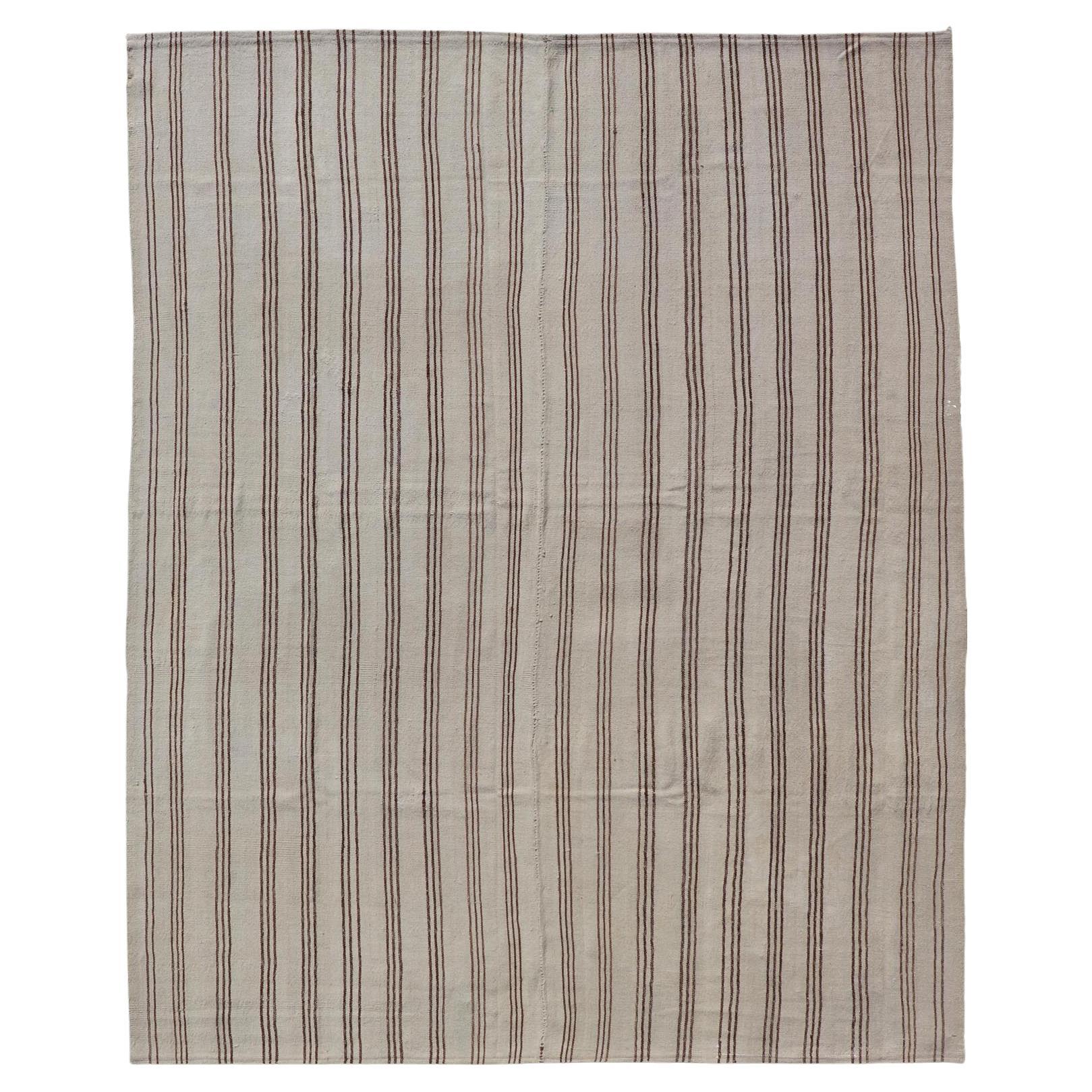 Vintage Turkish Kilim Flat-Weave in Neutral Tones of Cream & Brown Stripes