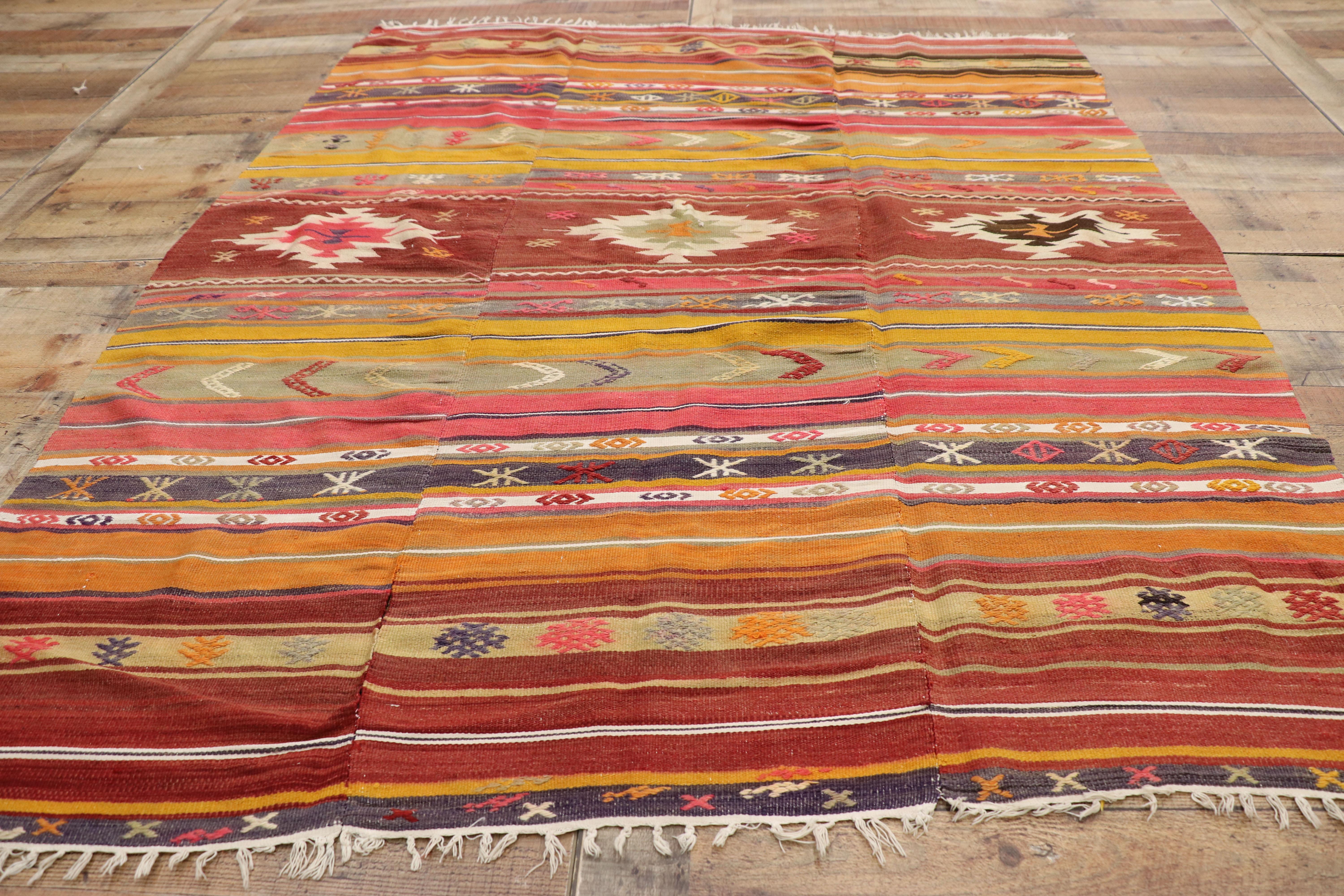 Wool Vintage Turkish Kilim Flat-Weave Rug with Boho Chic Southwestern Style