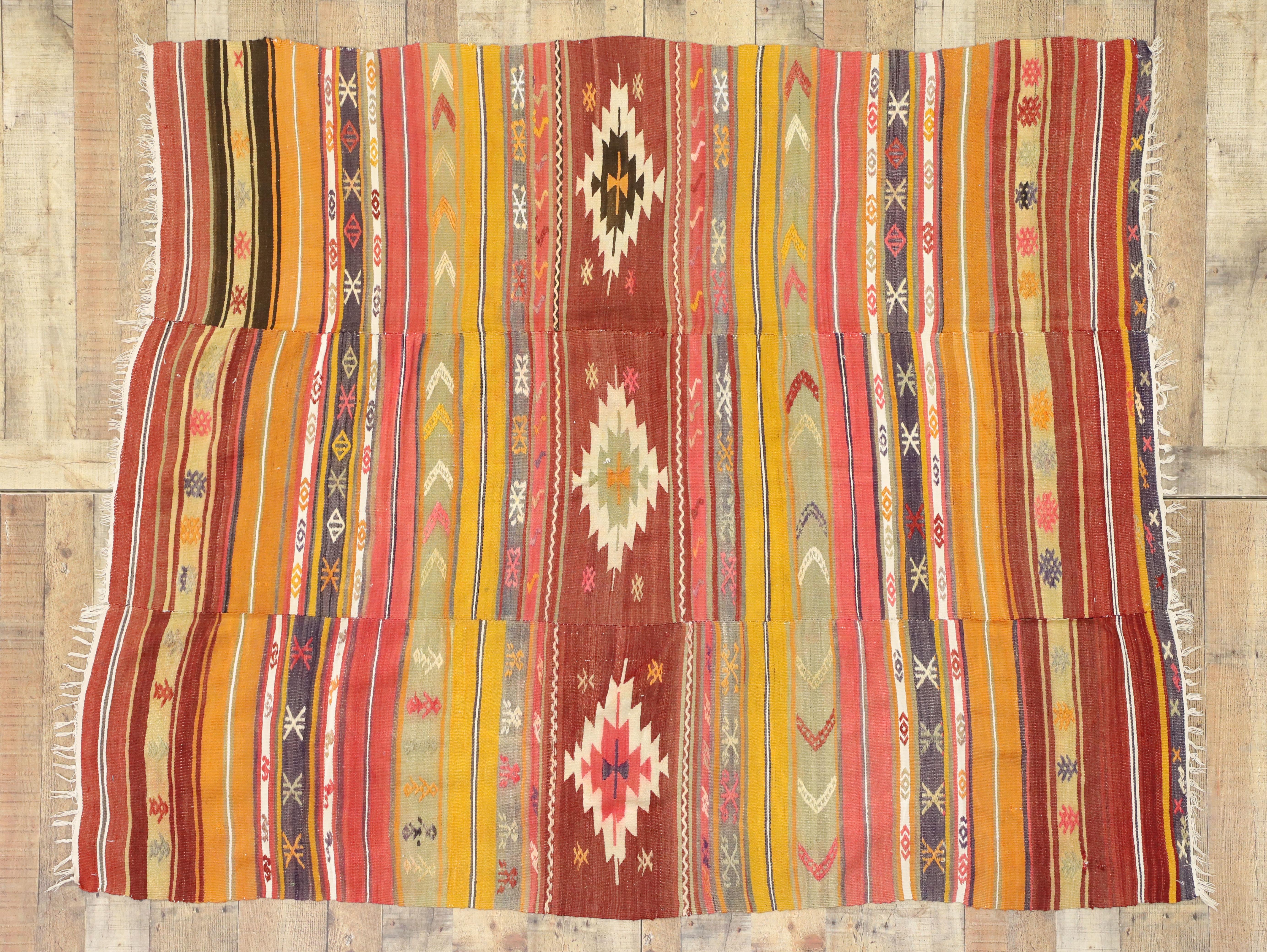 Vintage Turkish Kilim Flat-Weave Rug with Boho Chic Southwestern Style 1
