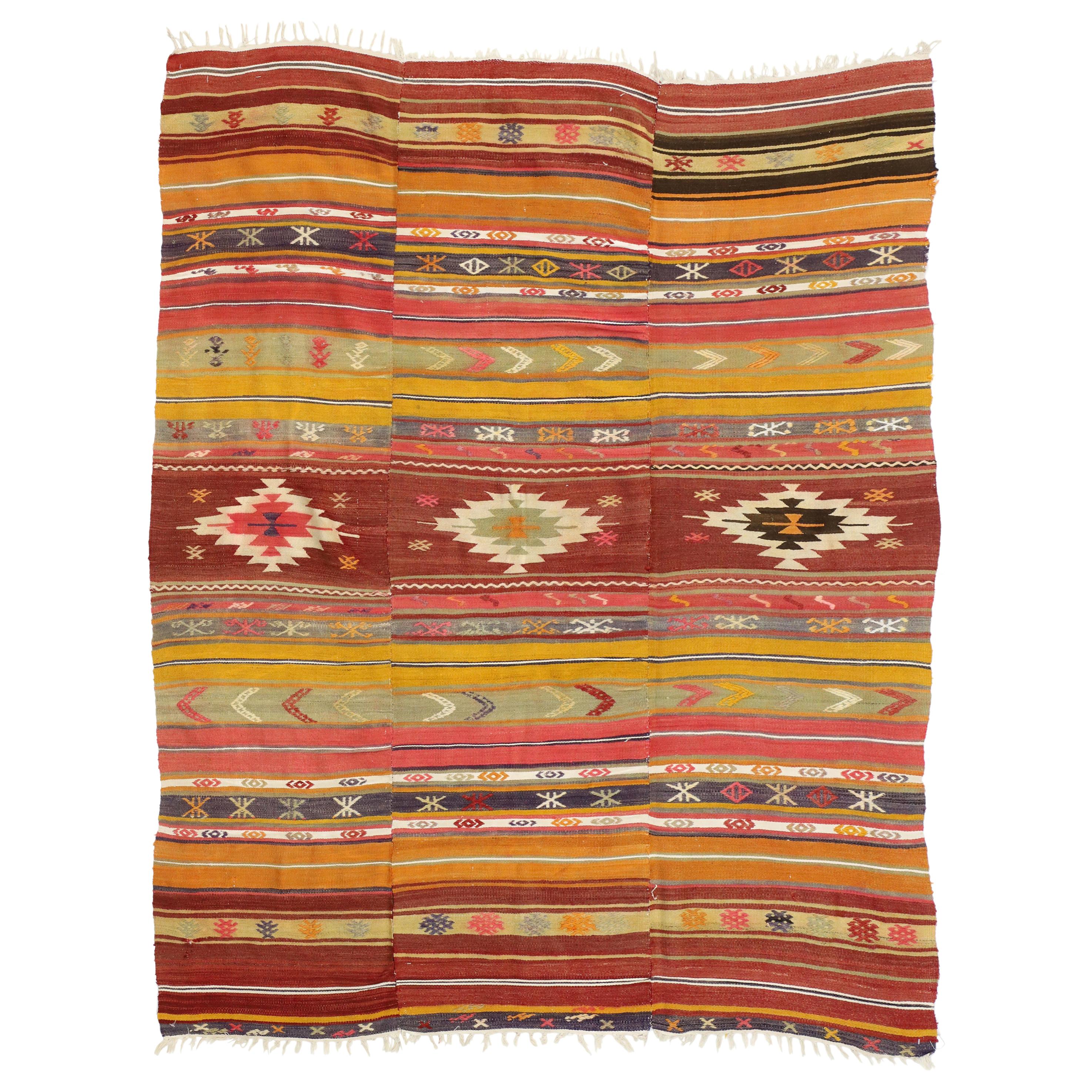 Vintage Turkish Kilim Flat-Weave Rug with Boho Chic Southwestern Style