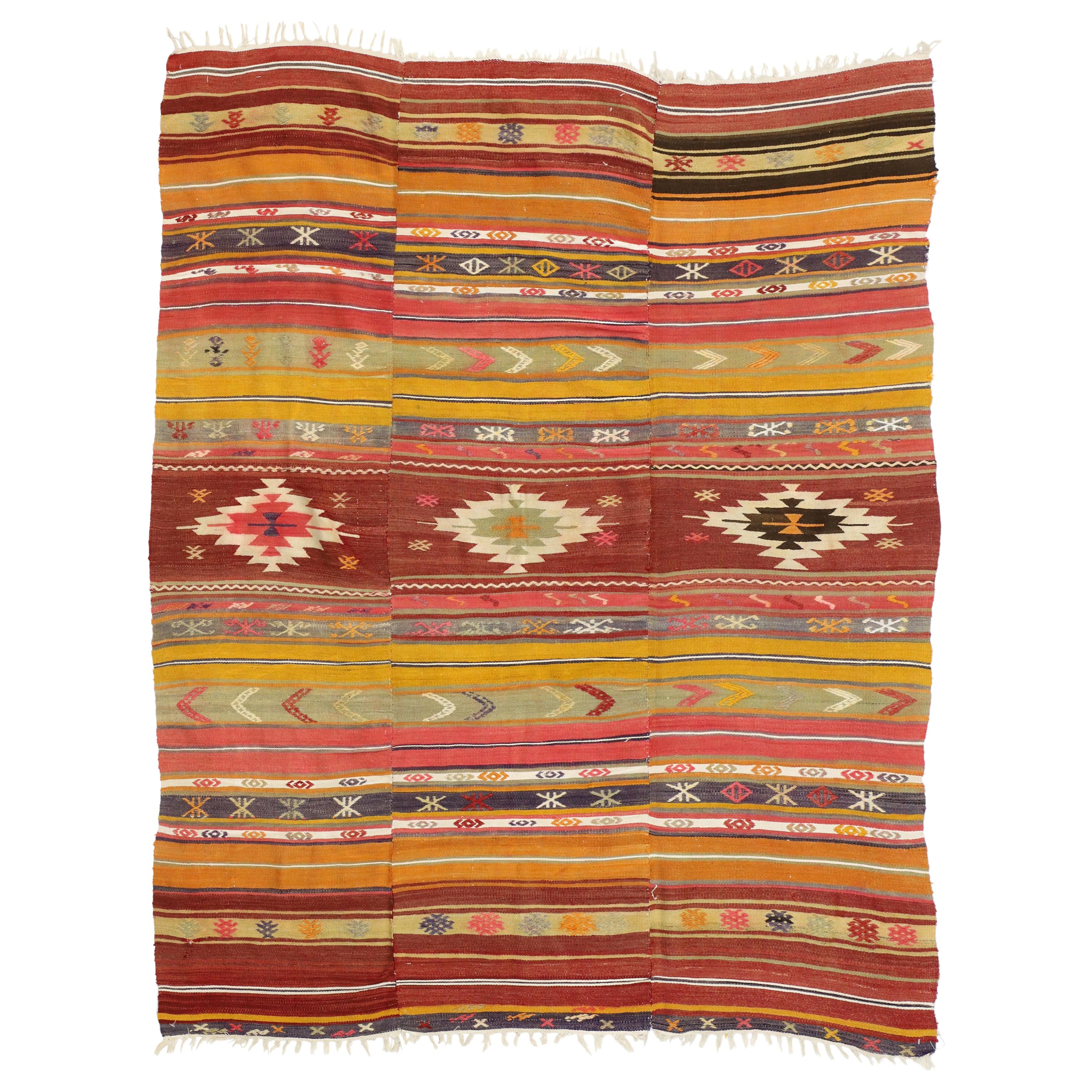 Vintage Turkish Kilim FlatWeave Rug with Boho Chic Southwestern Style