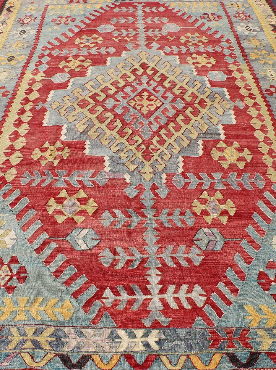 Vintage Turkish Kilim Flat-Weave Rug with Geometric Design in Red, Yellow, Green For Sale 5