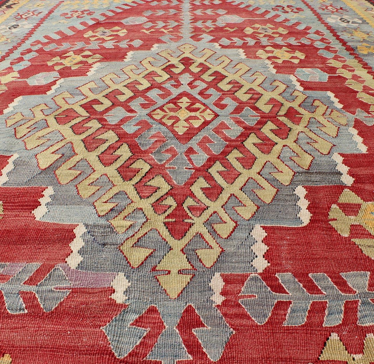 Vintage Turkish Kilim Flat-Weave Rug with Geometric Design in Red, Yellow, Green For Sale 6