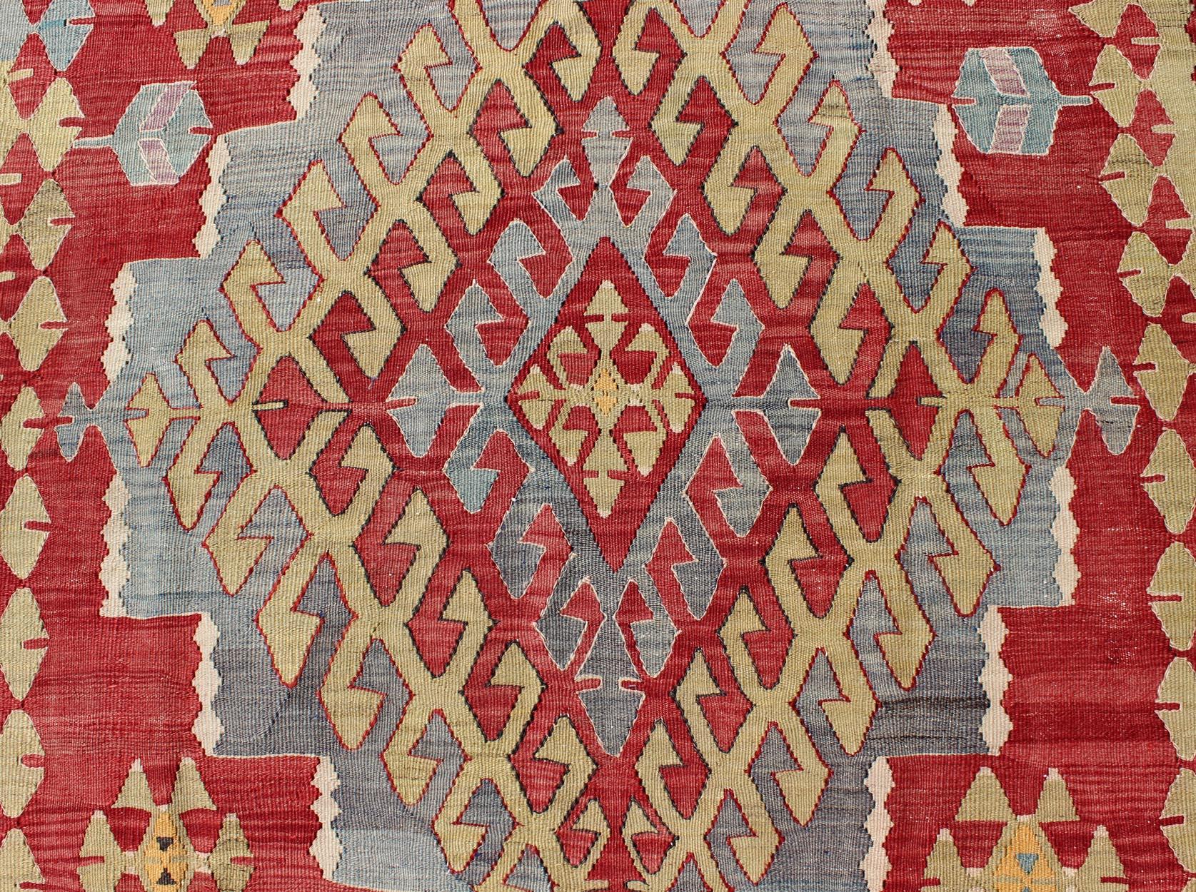 Vintage Turkish Kilim Flat-Weave Rug with Geometric Design in Red, Yellow, Green For Sale 7