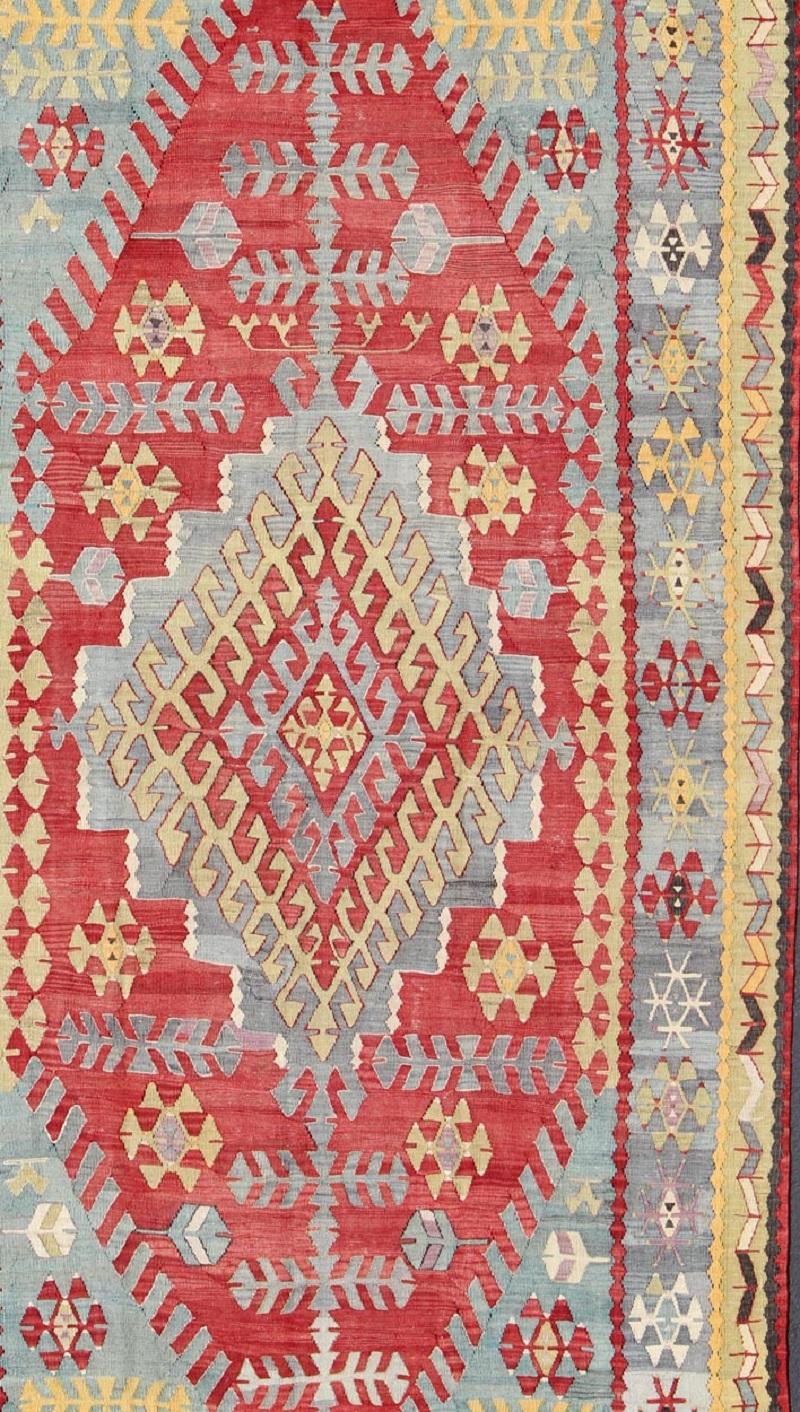 20th Century Vintage Turkish Kilim Flat-Weave Rug with Geometric Design in Red, Yellow, Green For Sale