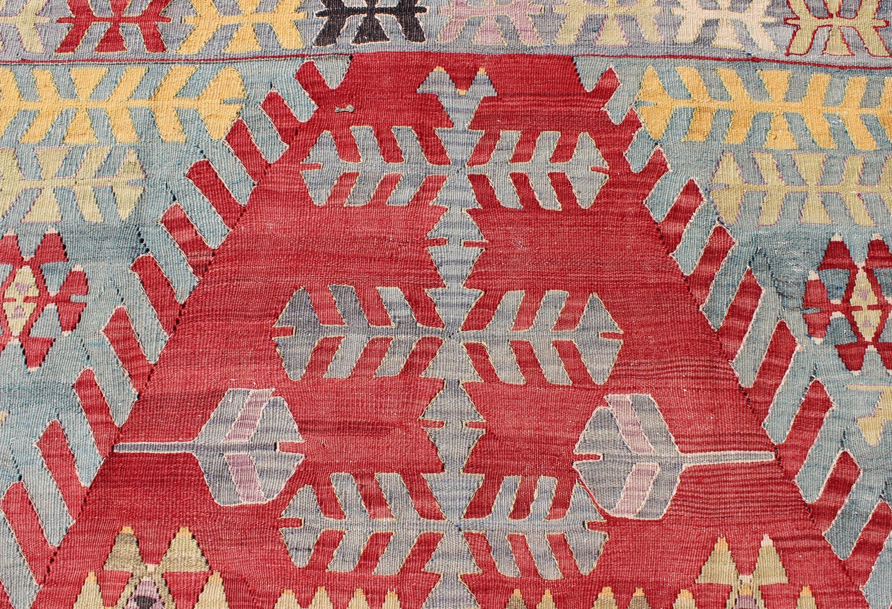 Vintage Turkish Kilim Flat-Weave Rug with Geometric Design in Red, Yellow, Green For Sale 1
