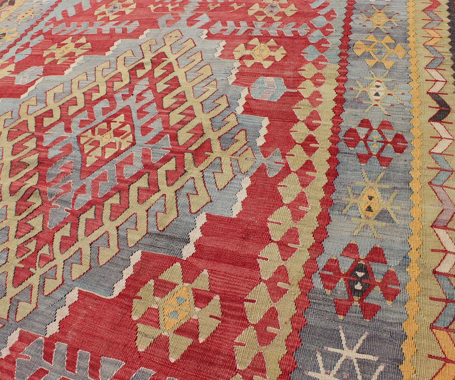 Vintage Turkish Kilim Flat-Weave Rug with Geometric Design in Red, Yellow, Green For Sale 4