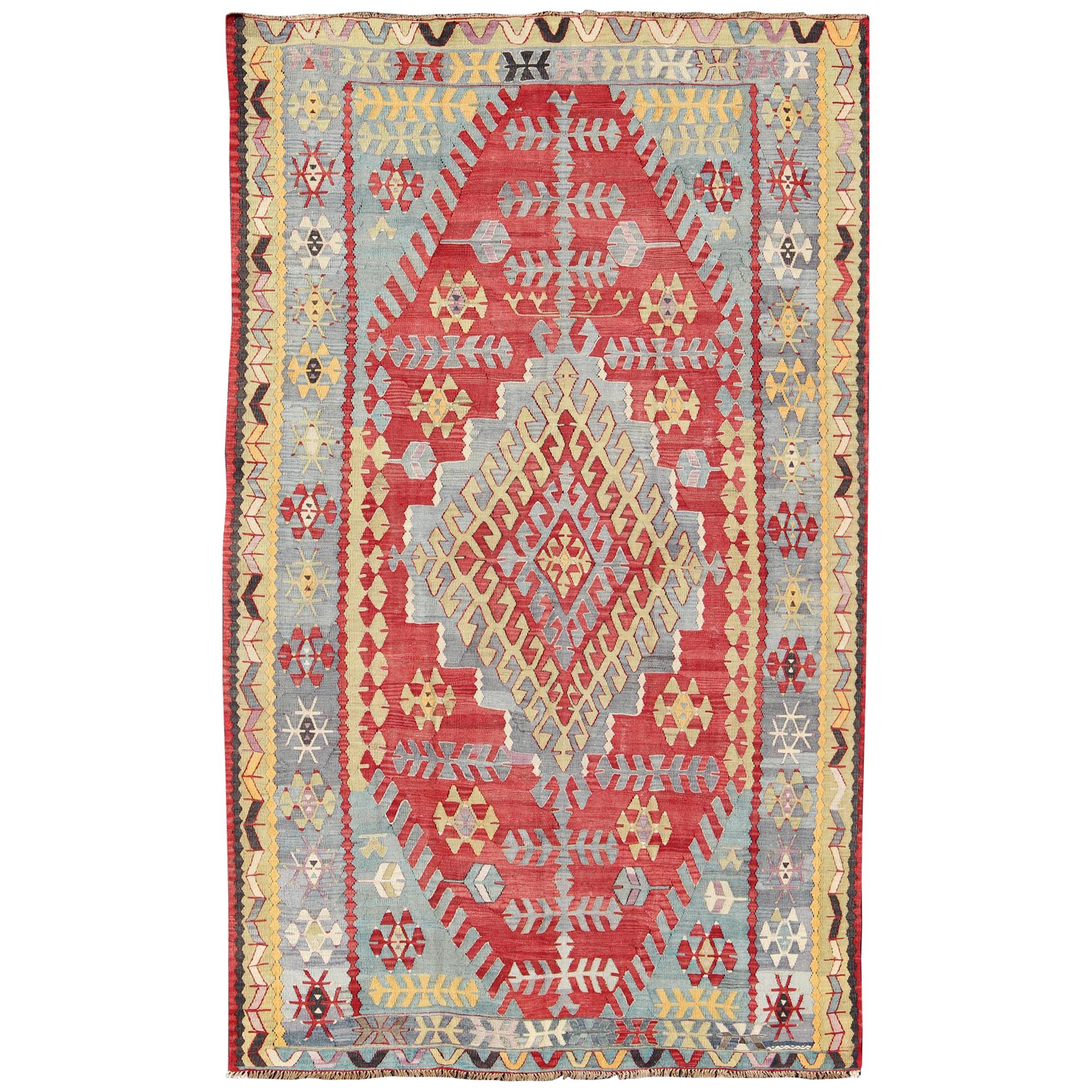 Vintage Turkish Kilim Flat-Weave Rug with Geometric Design in Red, Yellow, Green For Sale