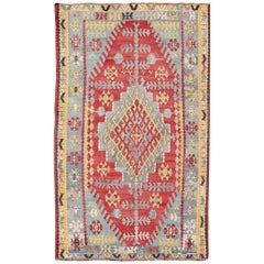 Vintage Turkish Kilim Flat-Weave Rug with Geometric Design in Red, Yellow, Green