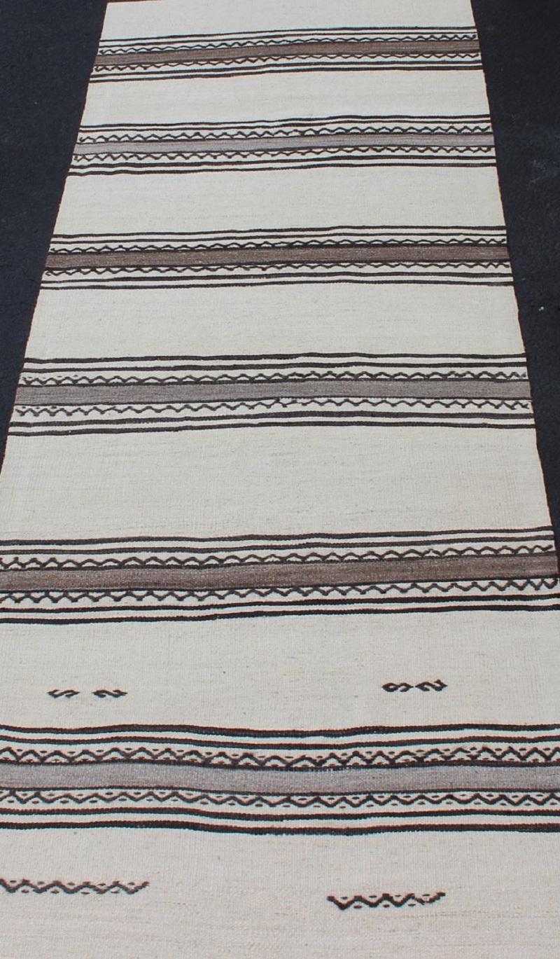 Wool Vintage Turkish Kilim Flat-Weave Runner with Modern Stripe Design For Sale