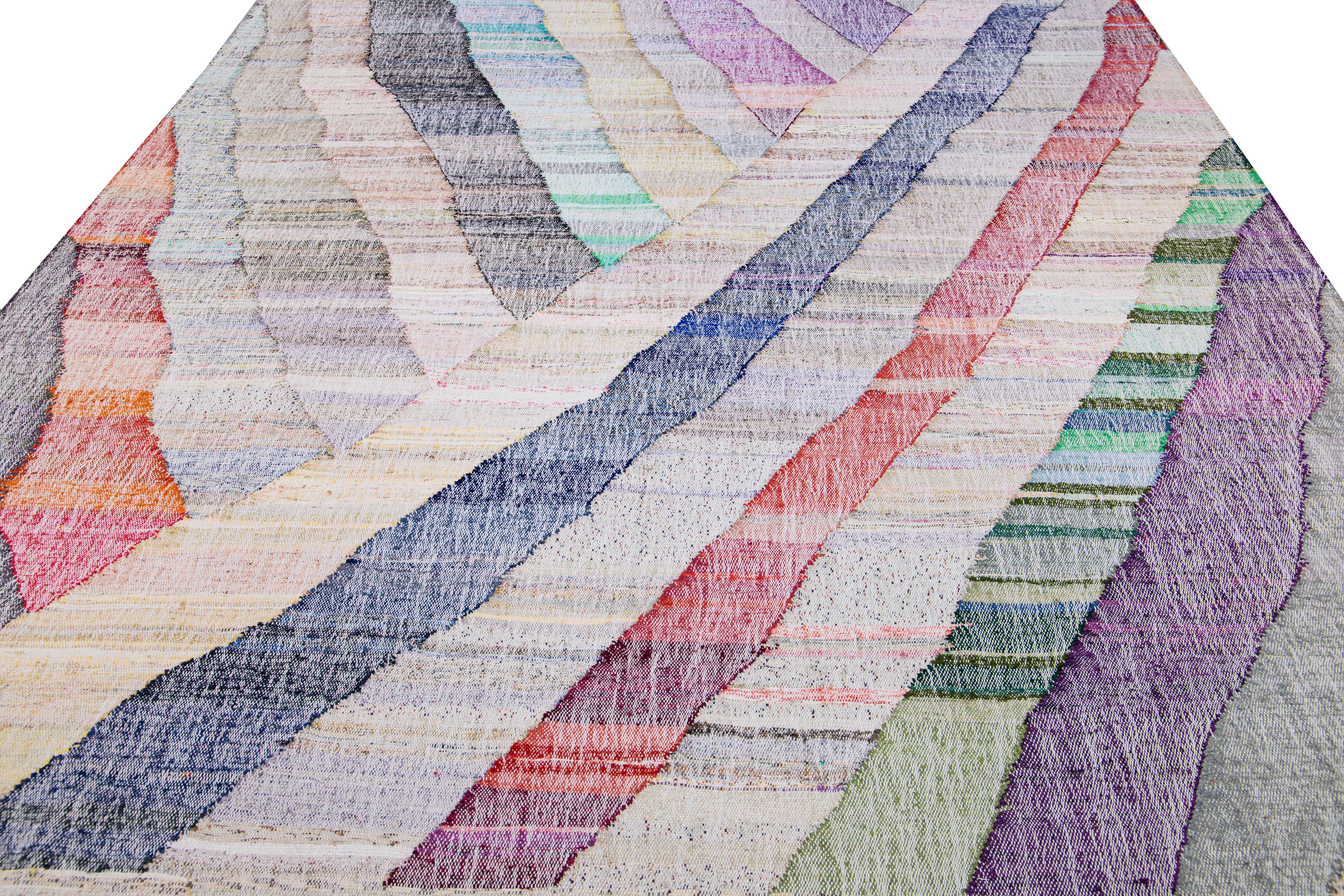 Mid-Century Modern Vintage Turkish Kilim Flatweave Geometric Multicolor Wool Rug For Sale