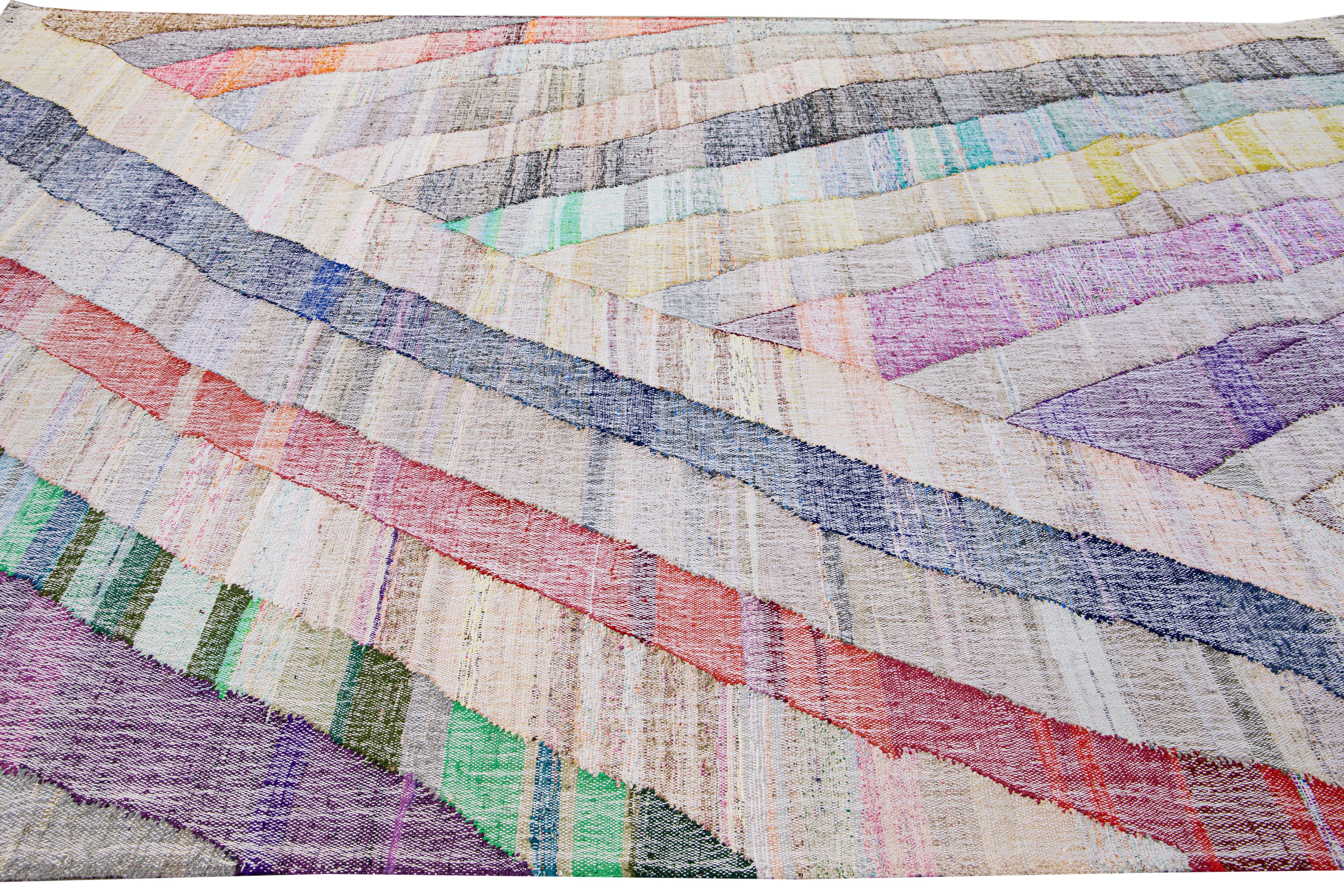 20th Century Vintage Turkish Kilim Flatweave Geometric Multicolor Wool Rug For Sale