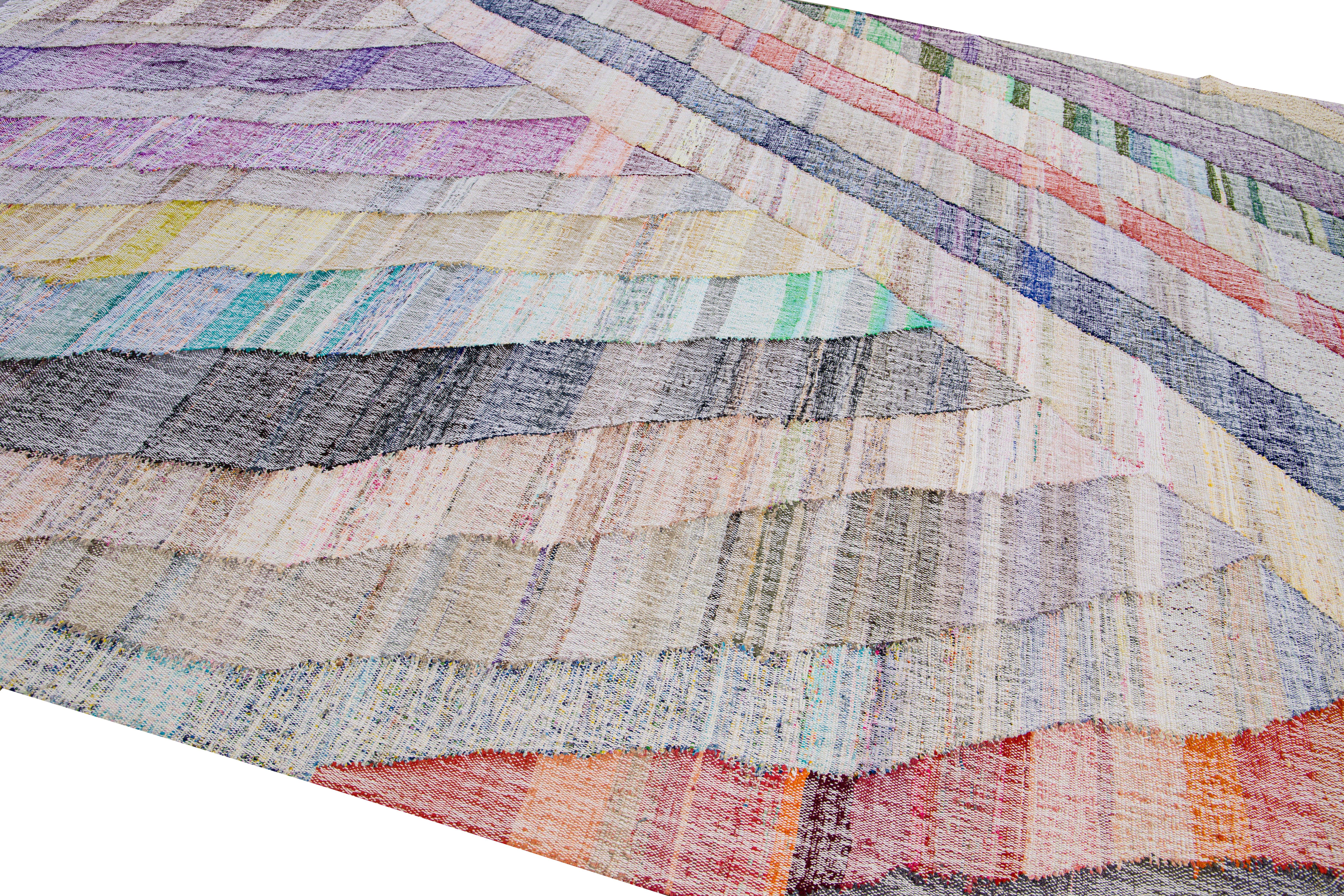 Vintage Turkish Kilim Flatweave Geometric Multicolor Wool Rug For Sale 1