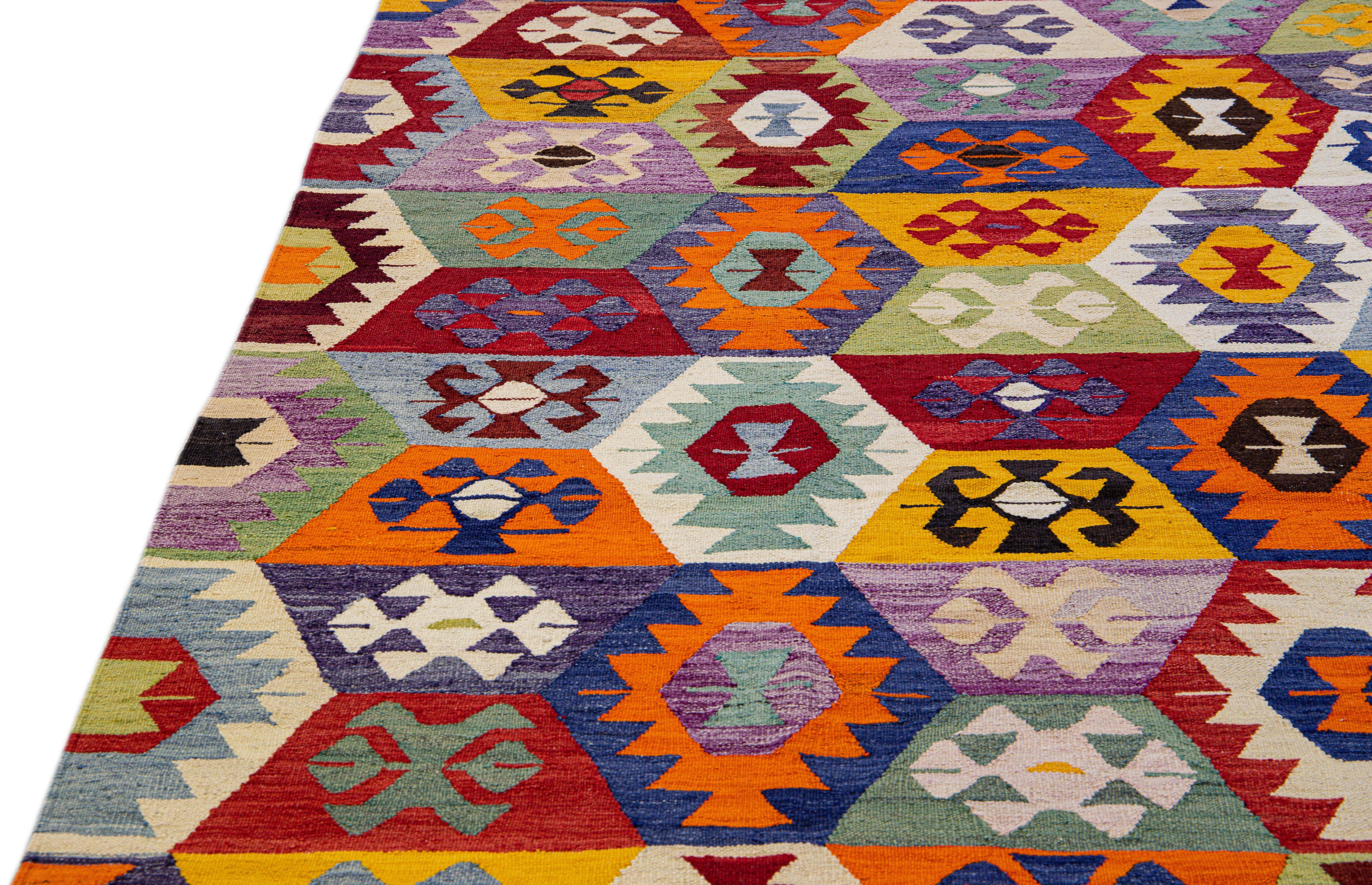 Asian Vintage Turkish Kilim Flatweave Multicolor Geometric Designed Wool Rug For Sale