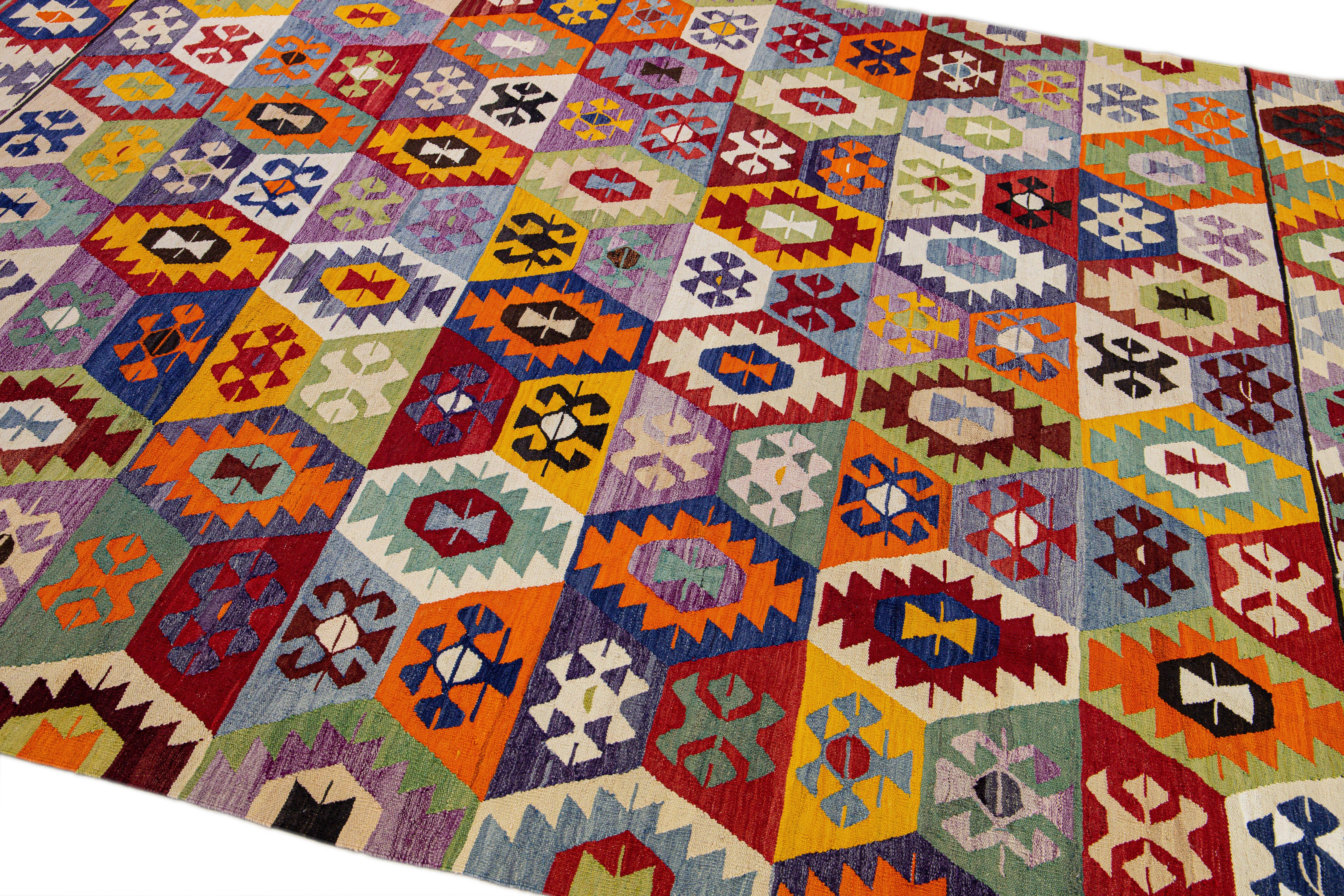 Hand-Knotted Vintage Turkish Kilim Flatweave Multicolor Geometric Designed Wool Rug For Sale