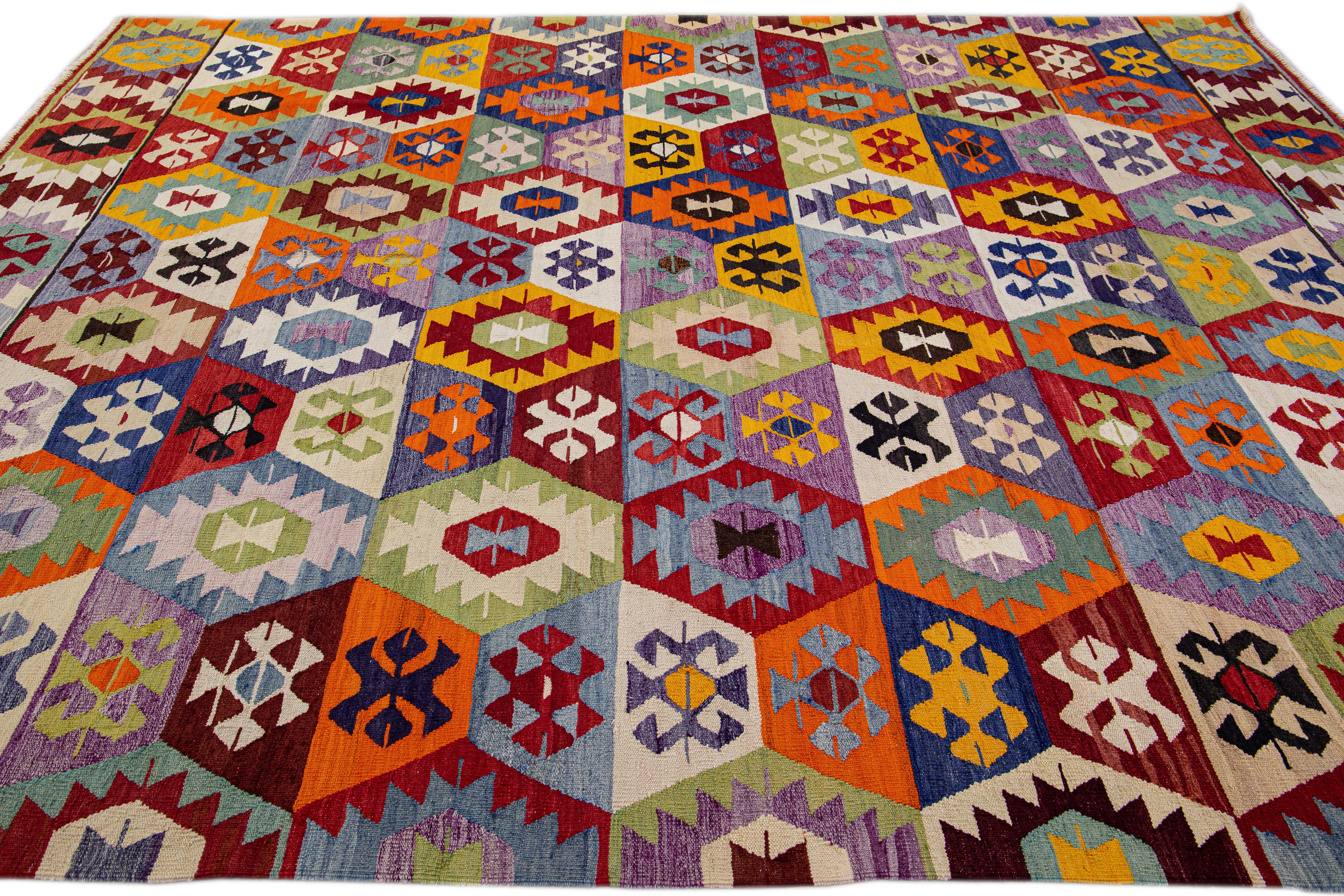 Vintage Turkish Kilim Flatweave Multicolor Geometric Designed Wool Rug In Excellent Condition For Sale In Norwalk, CT