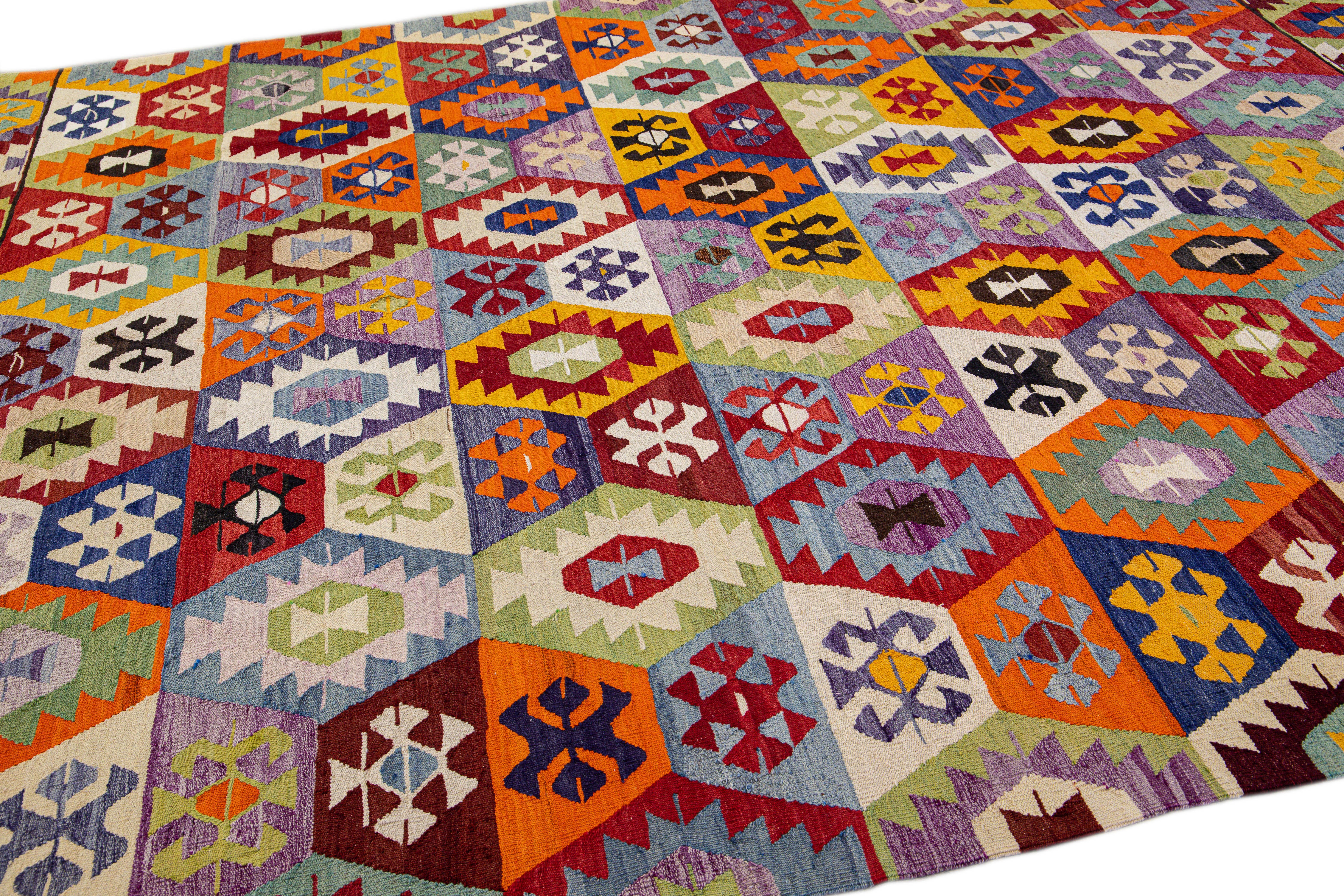 20th Century Vintage Turkish Kilim Flatweave Multicolor Geometric Designed Wool Rug For Sale