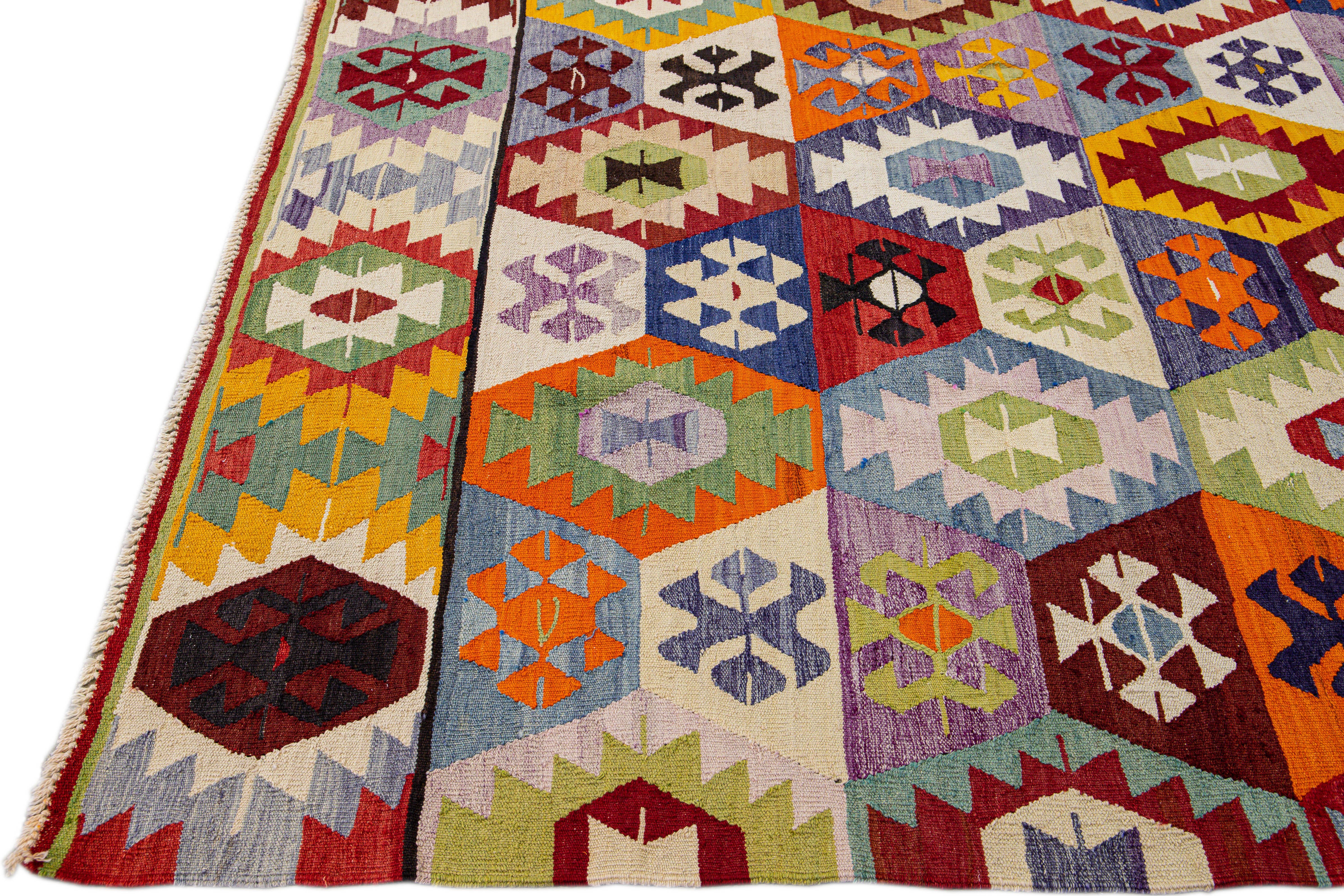 Vintage Turkish Kilim Flatweave Multicolor Geometric Designed Wool Rug For Sale 1