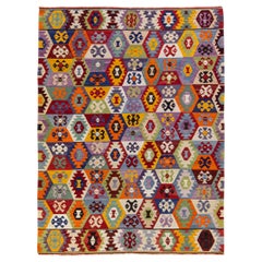Retro Turkish Kilim Flatweave Multicolor Geometric Designed Wool Rug