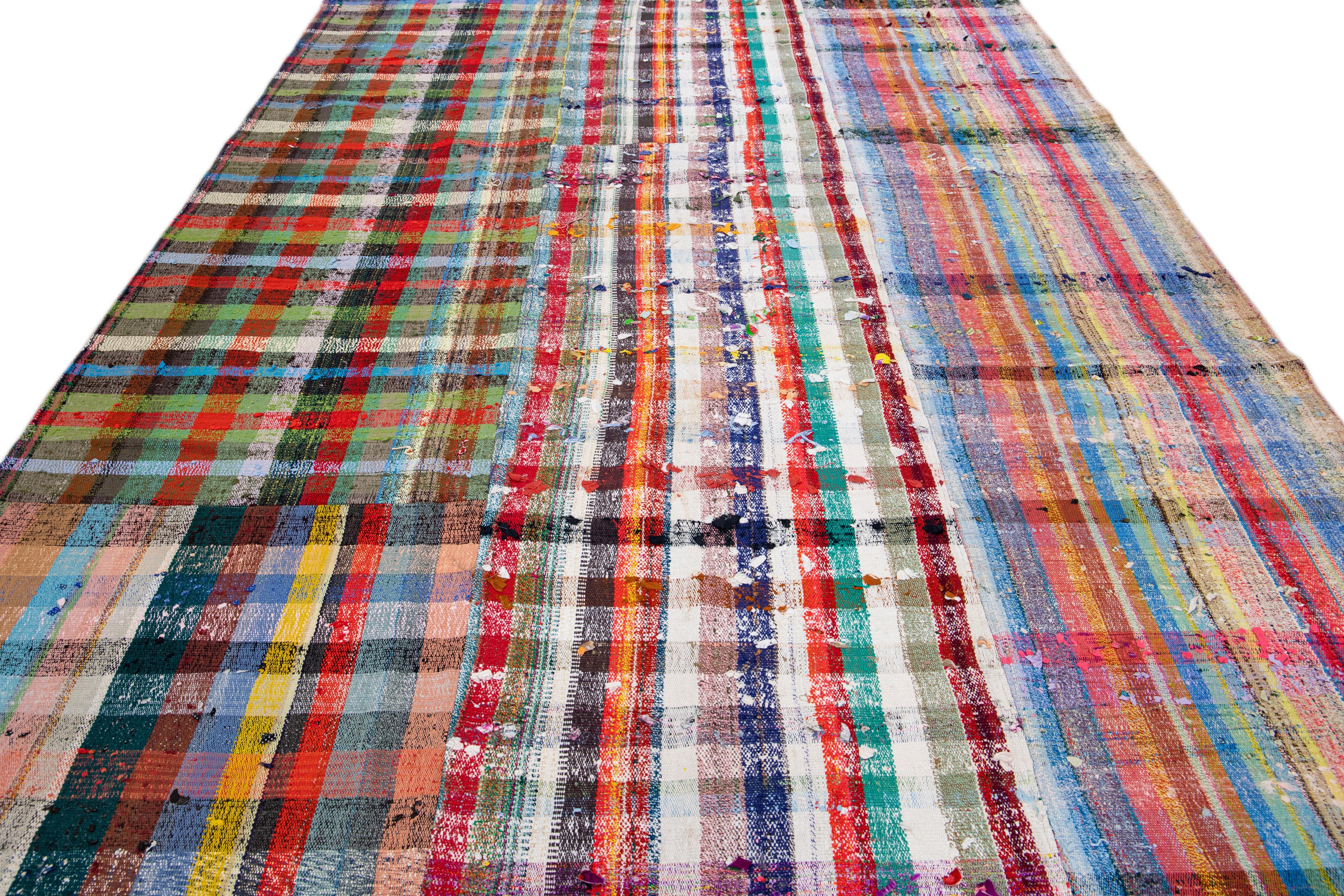 Mid-Century Modern Vintage Turkish Kilim Flatweave Wool Rug with Multicolor Geometric Pattern For Sale