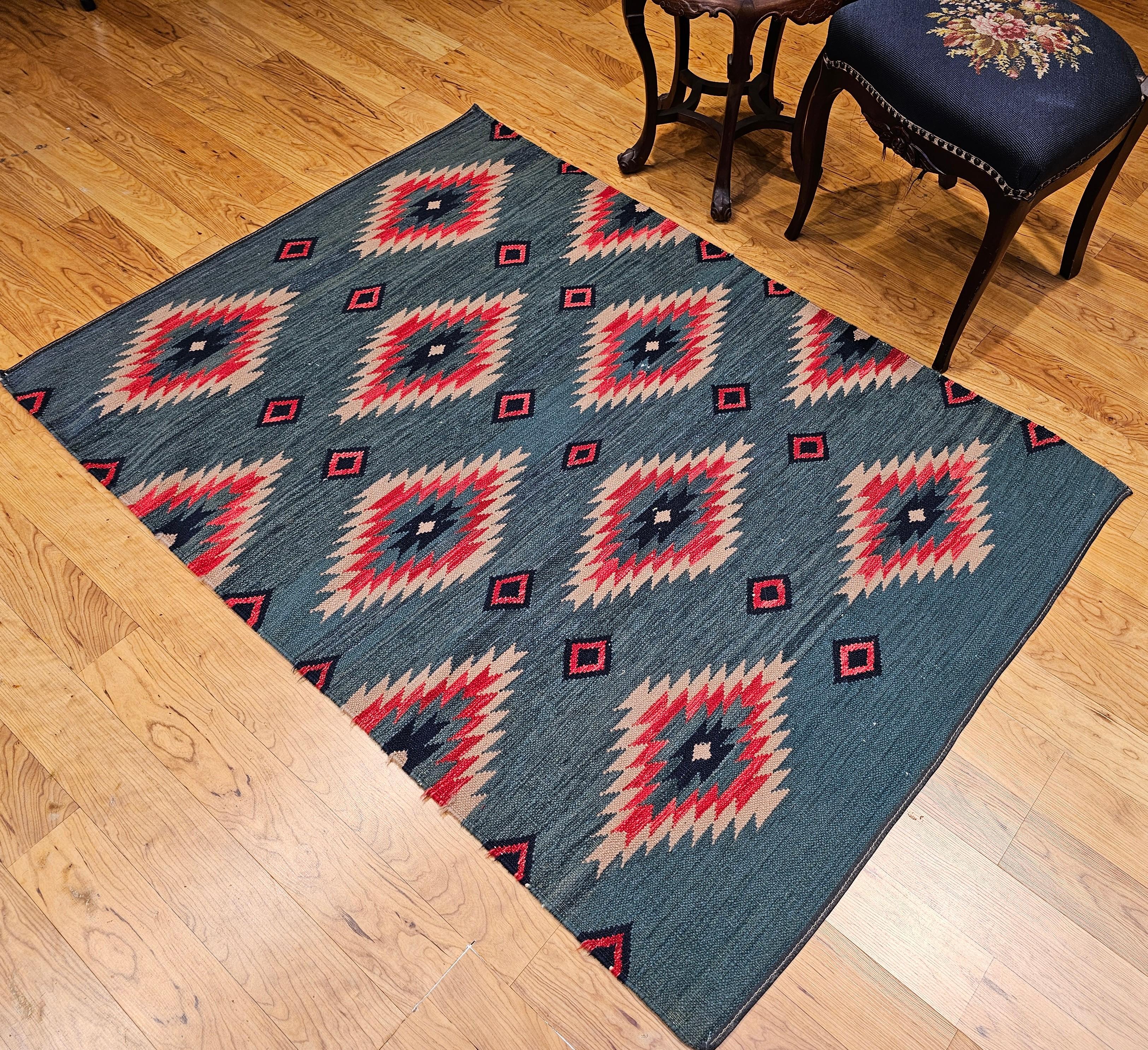 Vintage Southwestern-Style Kilim Area Rug in Green, Red, Ivory Colors For Sale 3