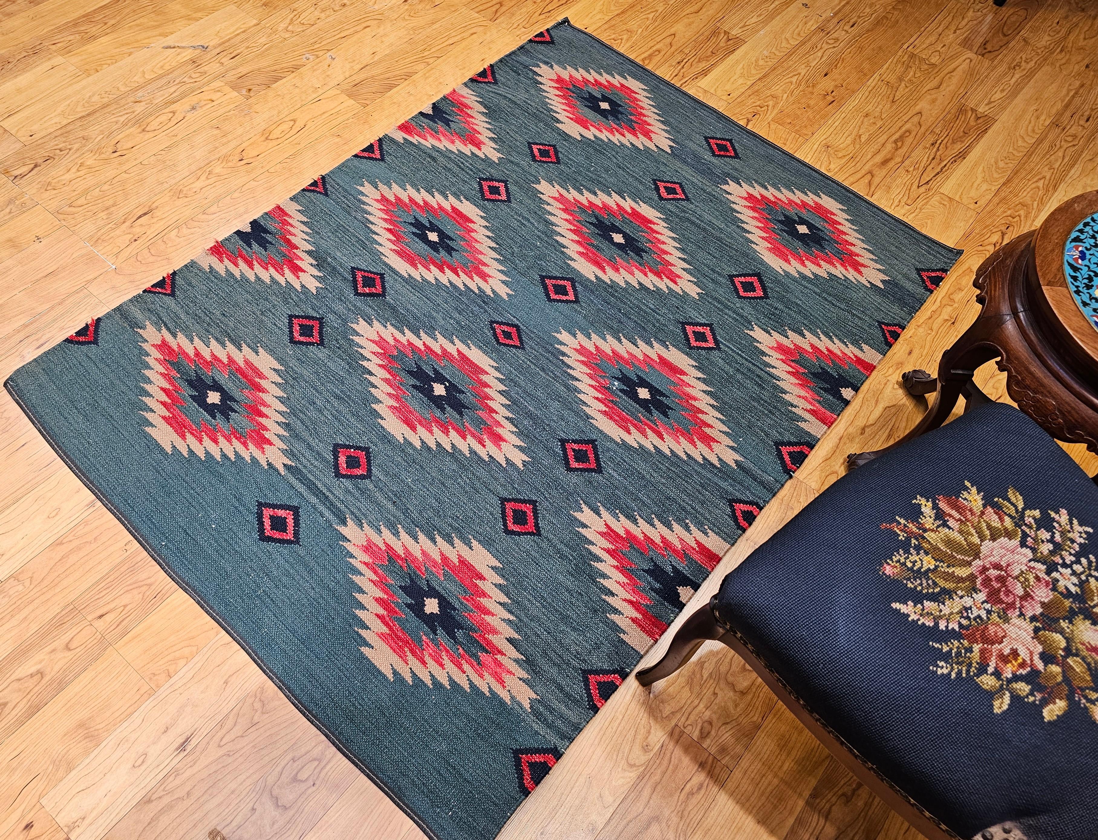 Vintage Southwestern-Style Kilim Area Rug in Green, Red, Ivory Colors For Sale 5