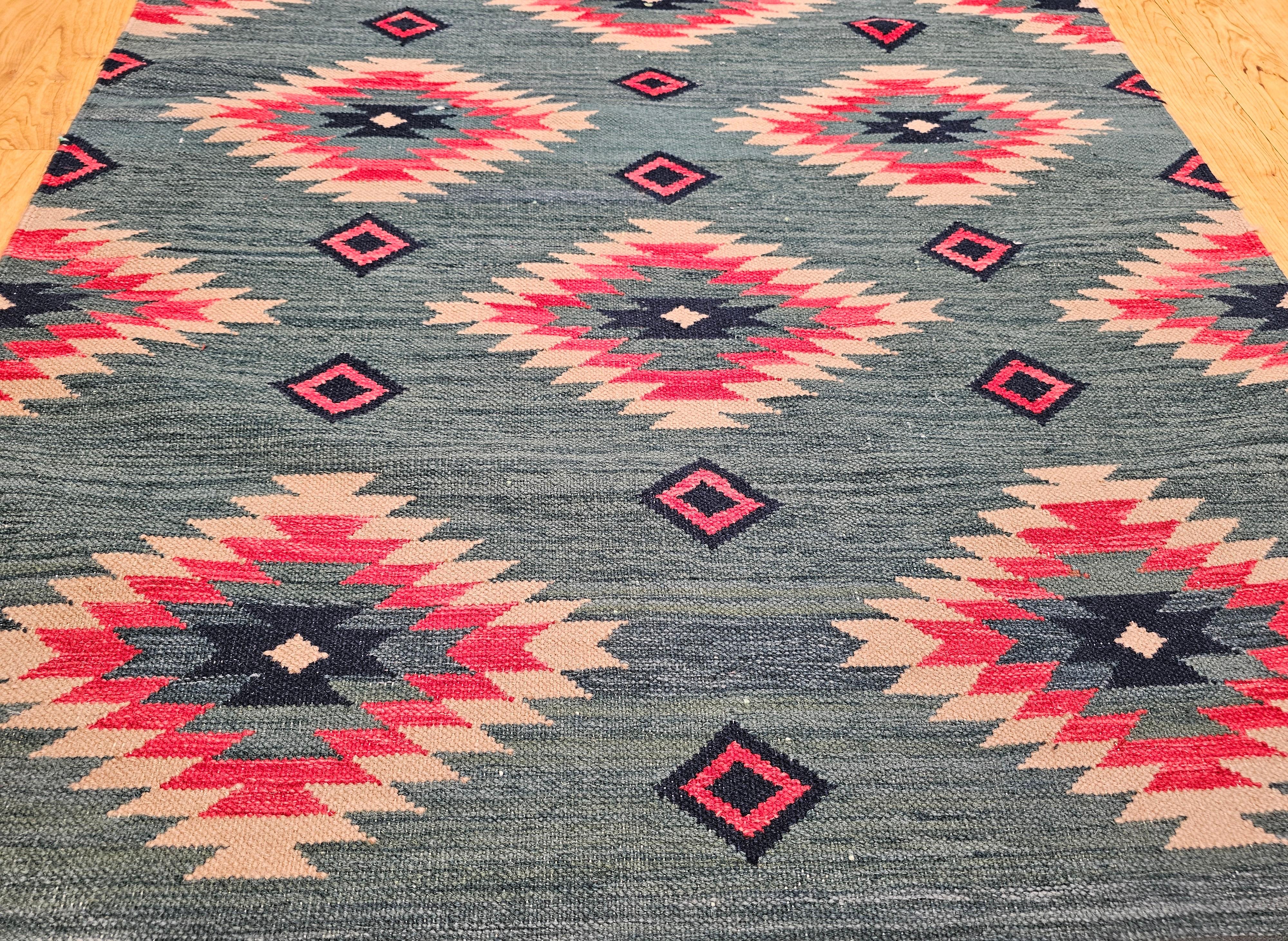 Turkish Vintage Southwestern-Style Kilim Area Rug in Green, Red, Ivory Colors For Sale