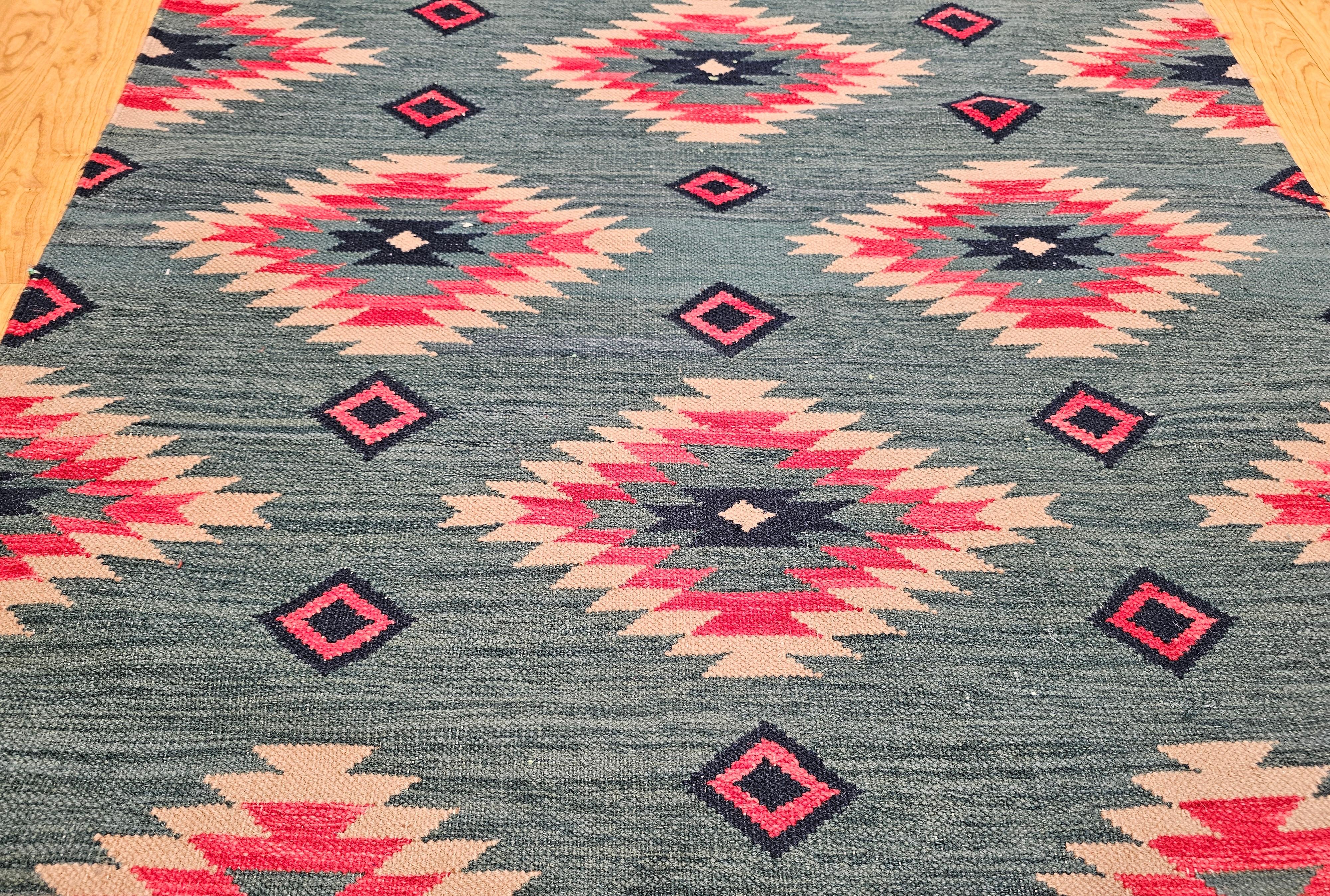 Hand-Woven Vintage Southwestern-Style Kilim Area Rug in Green, Red, Ivory Colors For Sale