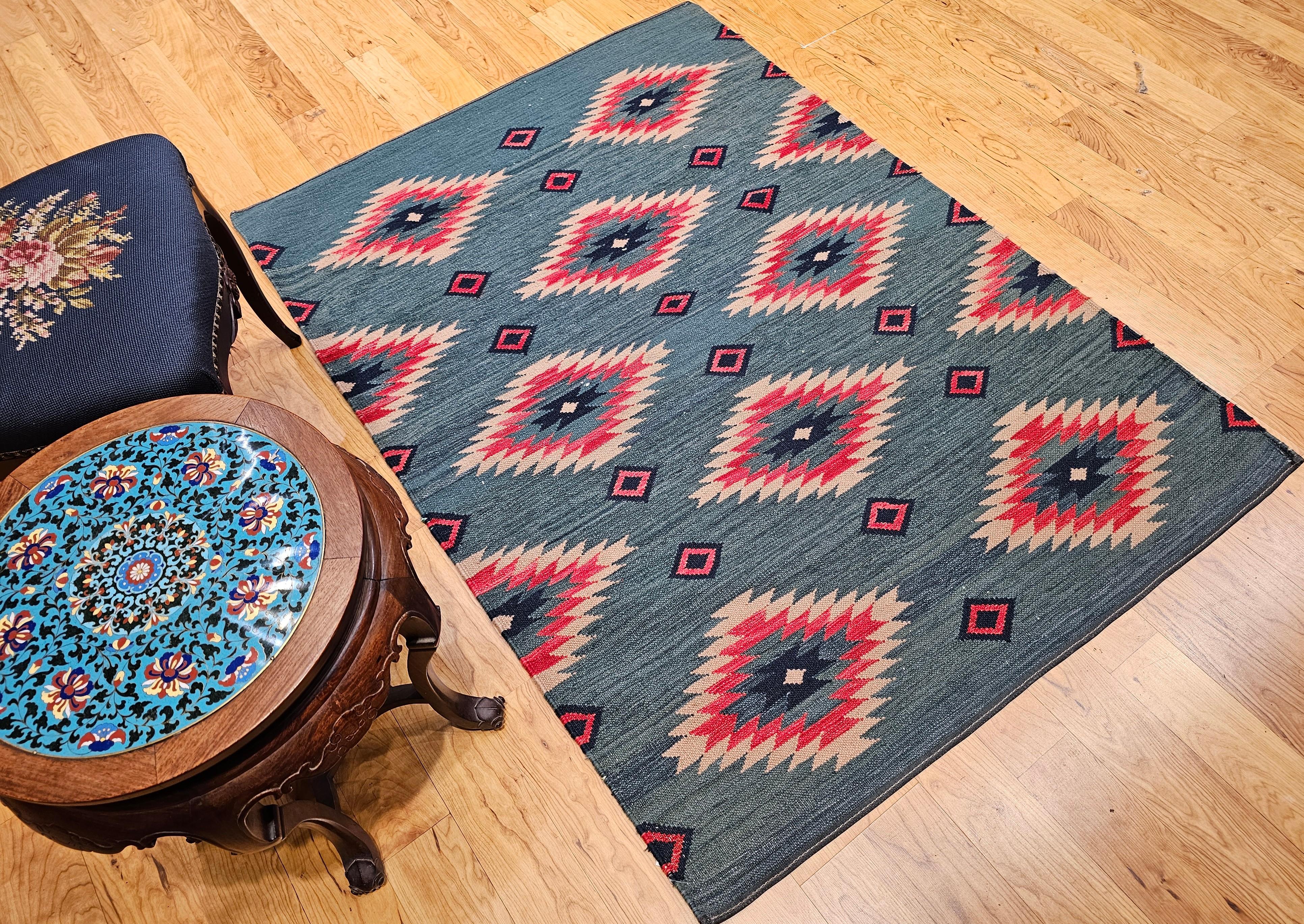 Wool Vintage Southwestern-Style Kilim Area Rug in Green, Red, Ivory Colors For Sale