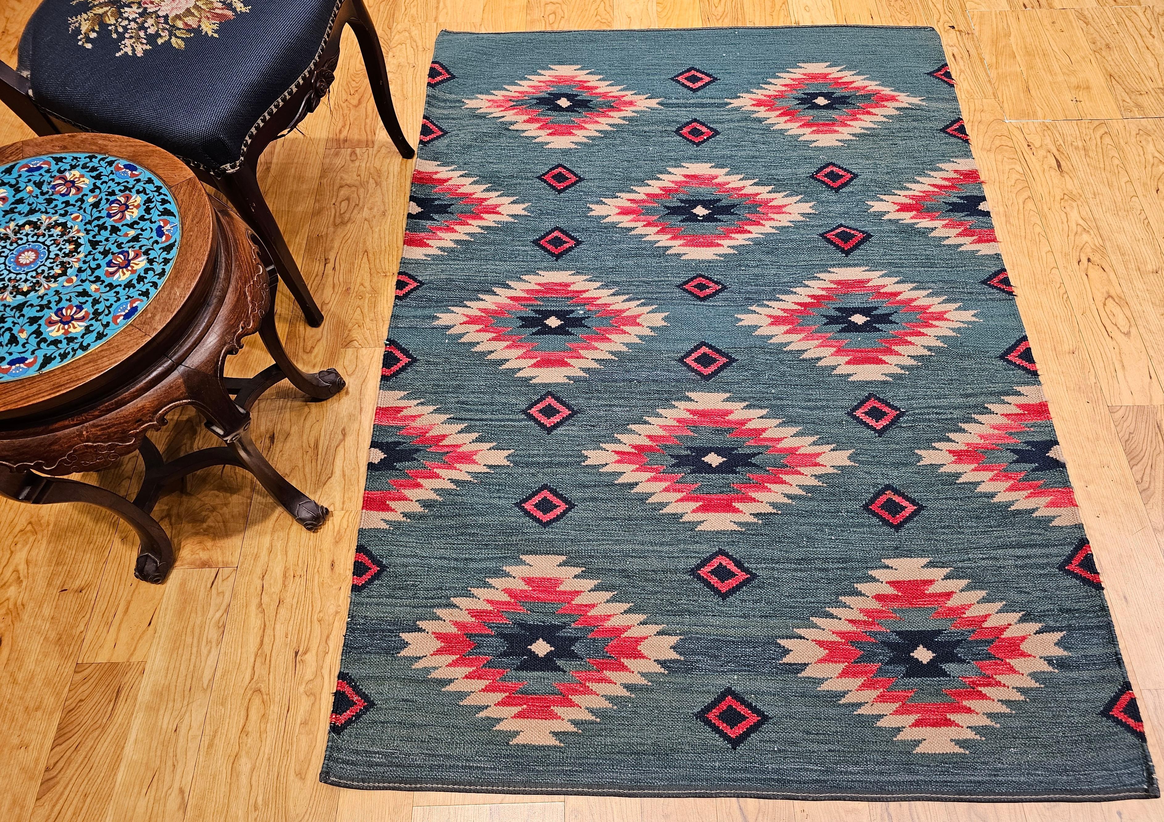 Vintage Southwestern-Style Kilim Area Rug in Green, Red, Ivory Colors For Sale 1