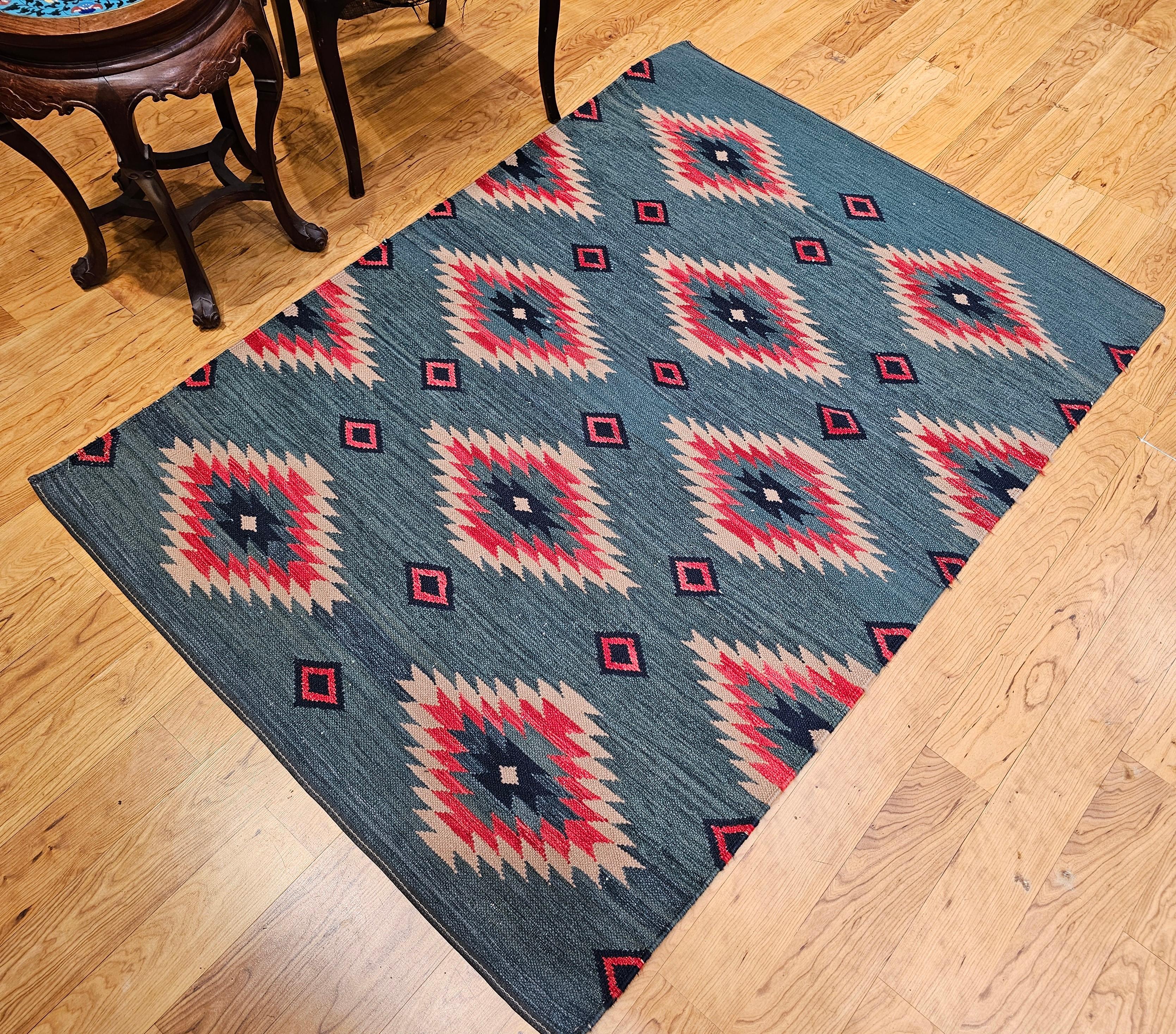 Vintage Southwestern-Style Kilim Area Rug in Green, Red, Ivory Colors For Sale 2