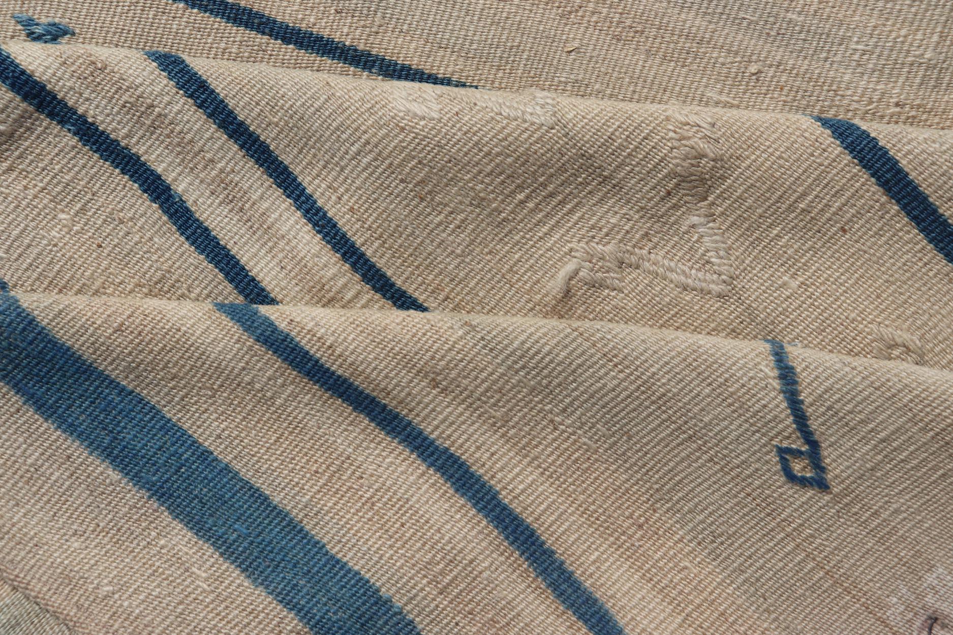 Vintage Turkish Kilim Gallery Teppich in Creme und Ozean Blau 4'9