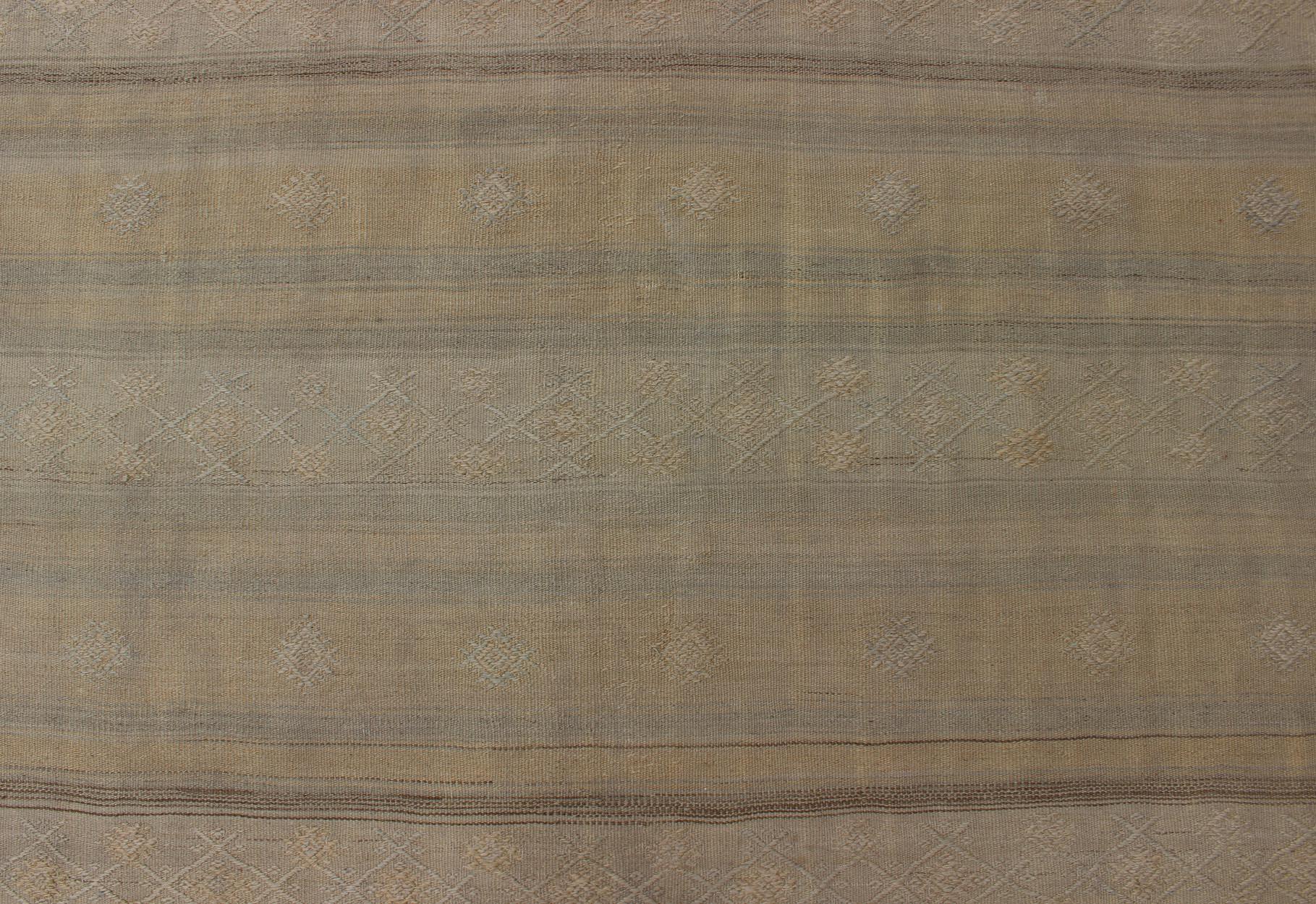 Wool Vintage Turkish Kilim Gallery Rug with Stripe Design and Tribal Motifs in Brown