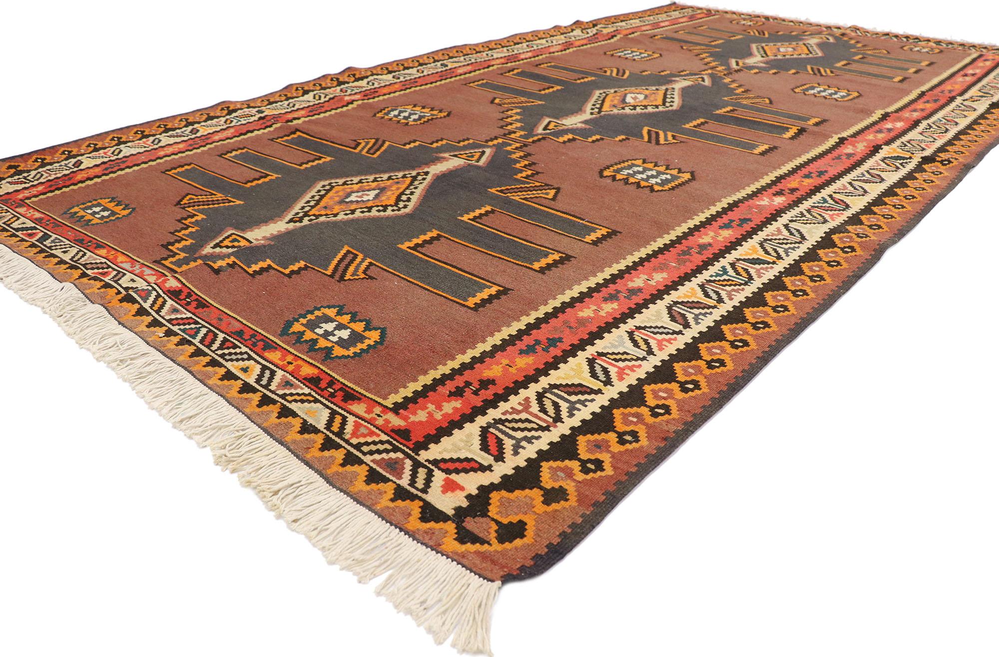 77956 Vintage Turkish Kilim Rug with Tribal Style 05'06 x 10'00. Full of tiny details and a bold expressive design combined with with warm earthy color palette and tribal style, this hand-woven wool vintage Turkish kilim rug is a captivating vision