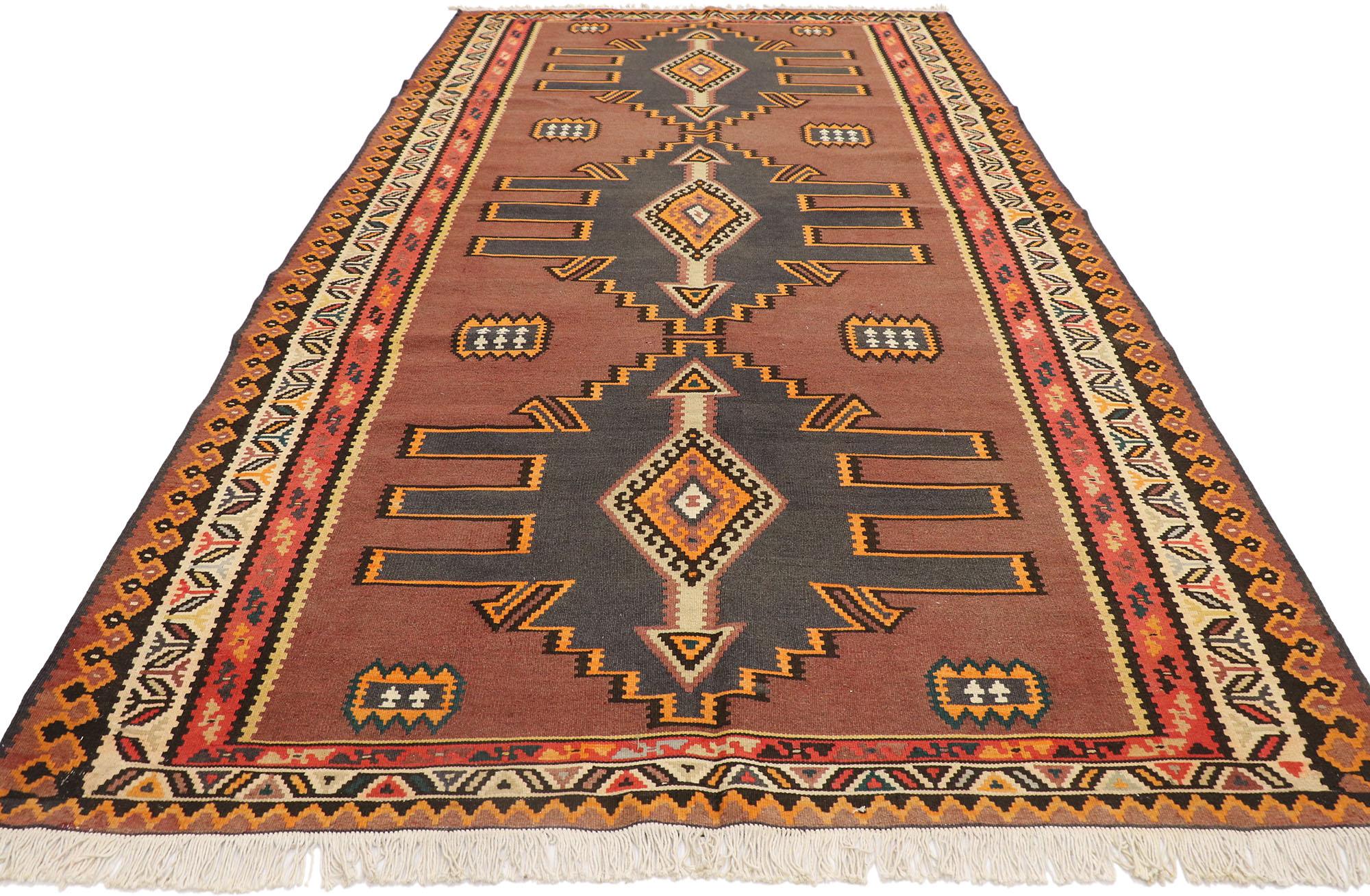 Hand-Woven Vintage Turkish Kilim Gallery Rug with Tribal Style For Sale