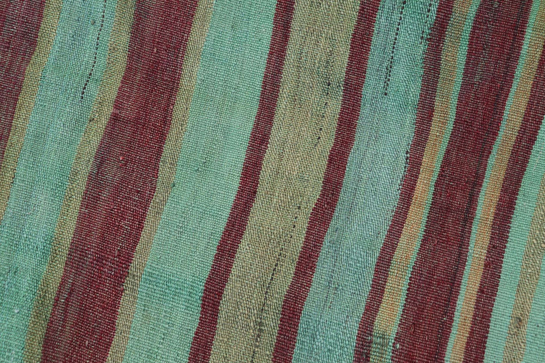 Vintage Turkish Kilim Gallery Rug with Vibrant Green, Brown Stripes 4'3