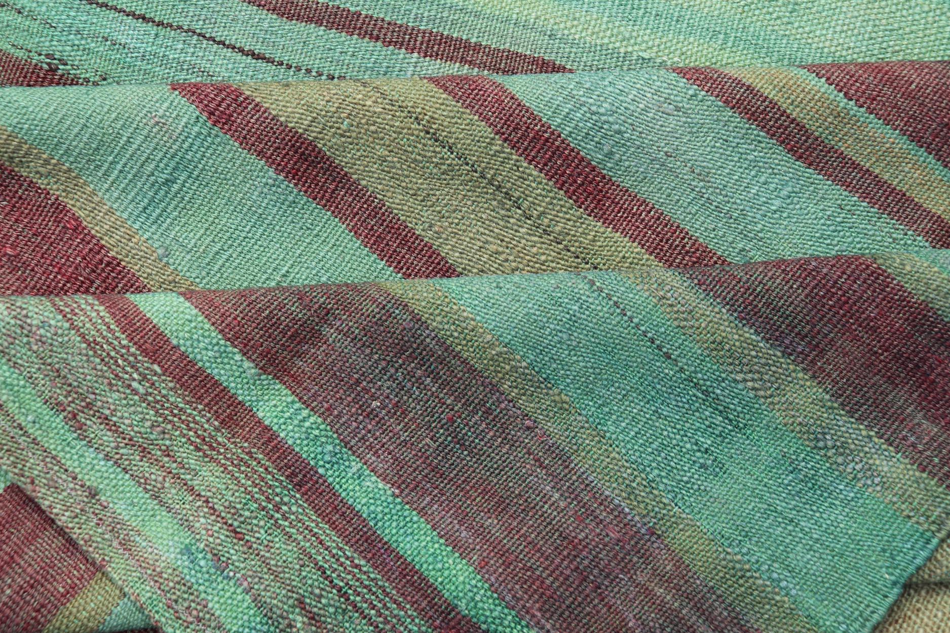 Vintage Turkish Kilim Gallery Rug with Vibrant Green, Brown Stripes 4'3