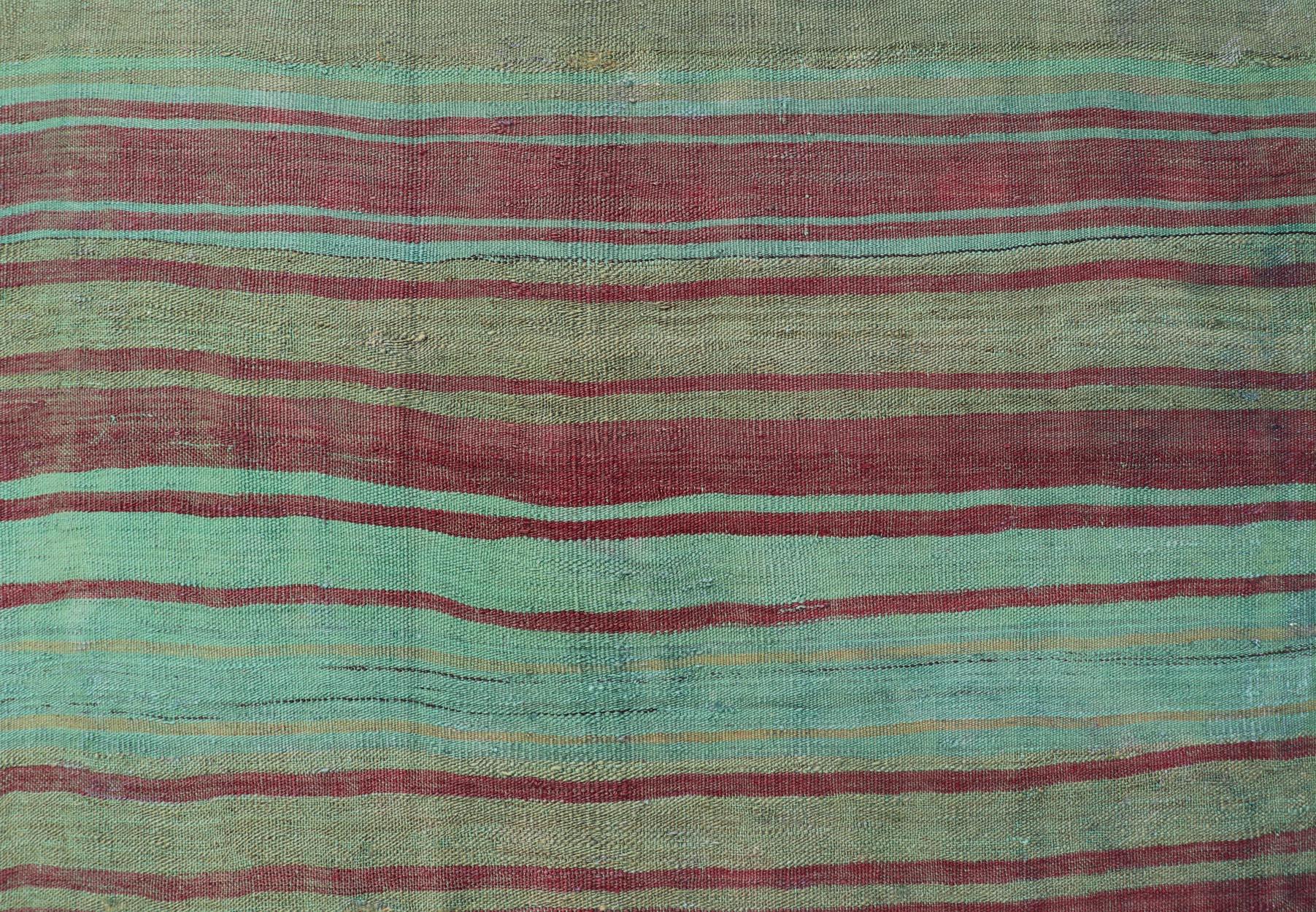Vintage Turkish Kilim Gallery Rug with Vibrant Green, Brown Stripes 4'3