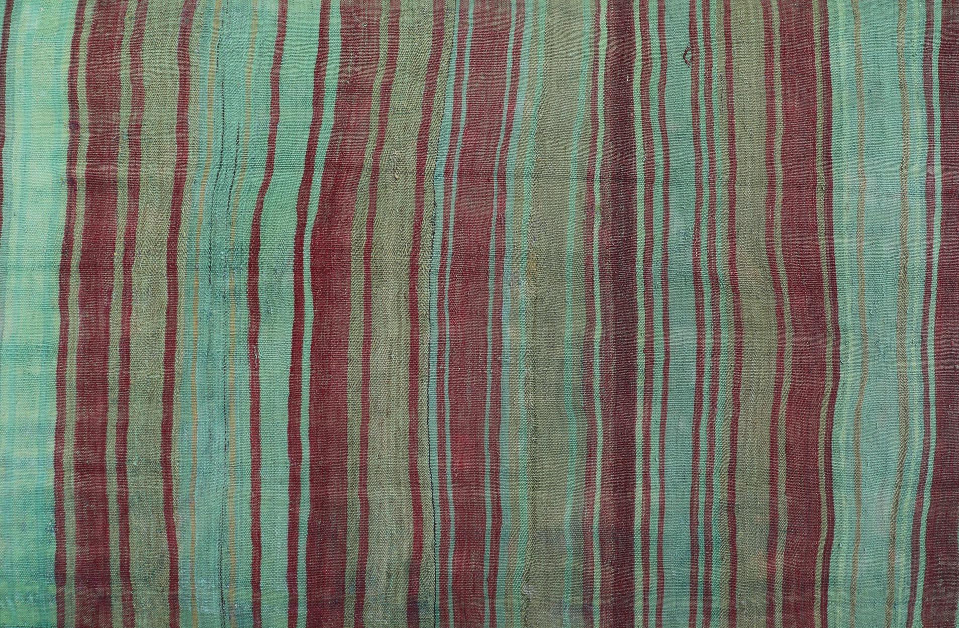 Wool Vintage Turkish Kilim Gallery Rug with Vibrant Green, Brown Stripes 4'3